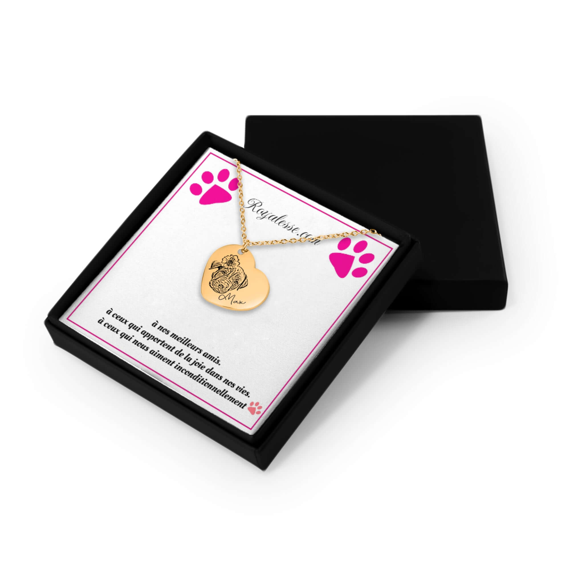 Collier cœur personnalisé avec portrait animal, imprimé en France sur papier FSC, présenté dans une boîte cadeau. Cadeau idéal pour amoureux des animaux.