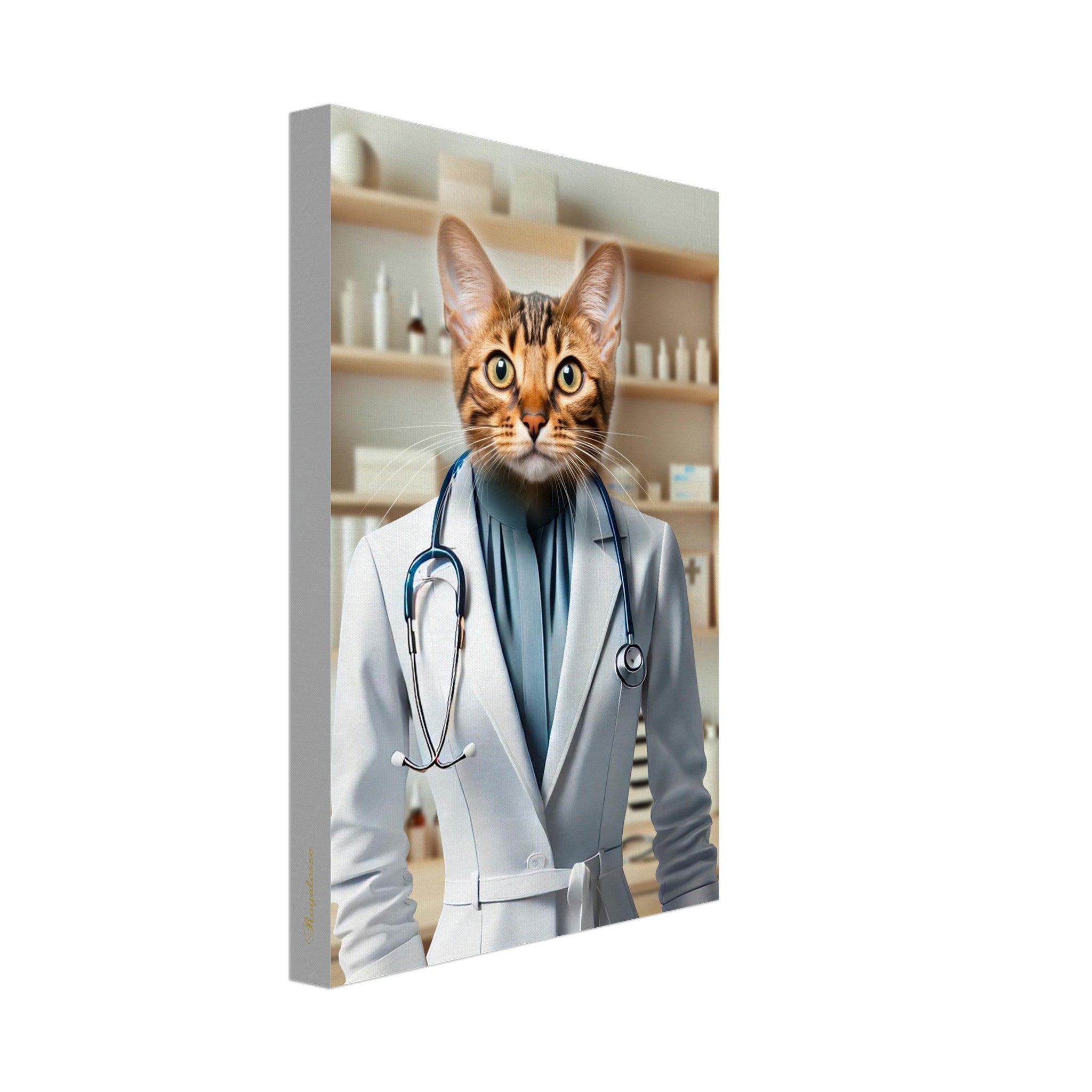 Portrait personnalisé sur toile d'un chat en tenue de docteur, une œuvre d'art unique pour les amateurs d'animaux de compagnie.
