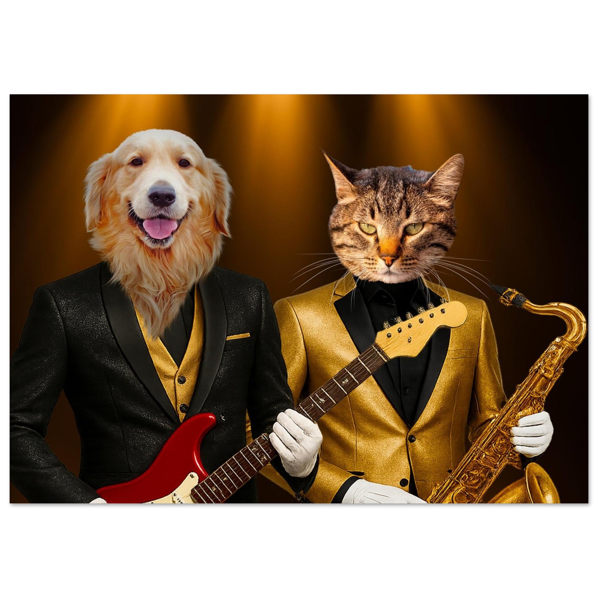 Chien golden retriever habillé d’un costume noir et or jouant d’une guitare électrique rouge aux côtés d’un chat tigré en veste dorée jouant d’un saxophone doré sous un éclairage scénique chaleureux.