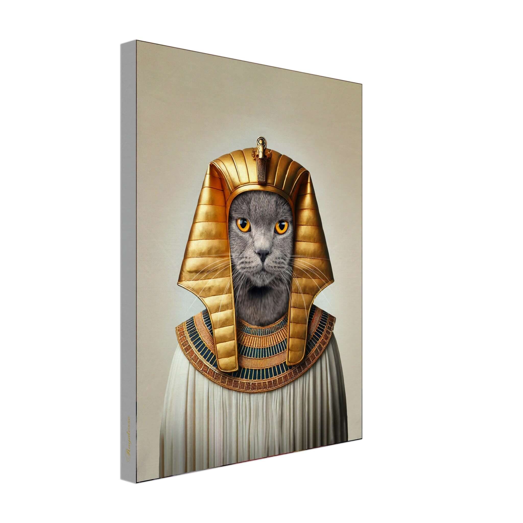 Portrait personnalisé de chat en pharaon sur toile, imprimé en France, papier FSC, art intemporel.
