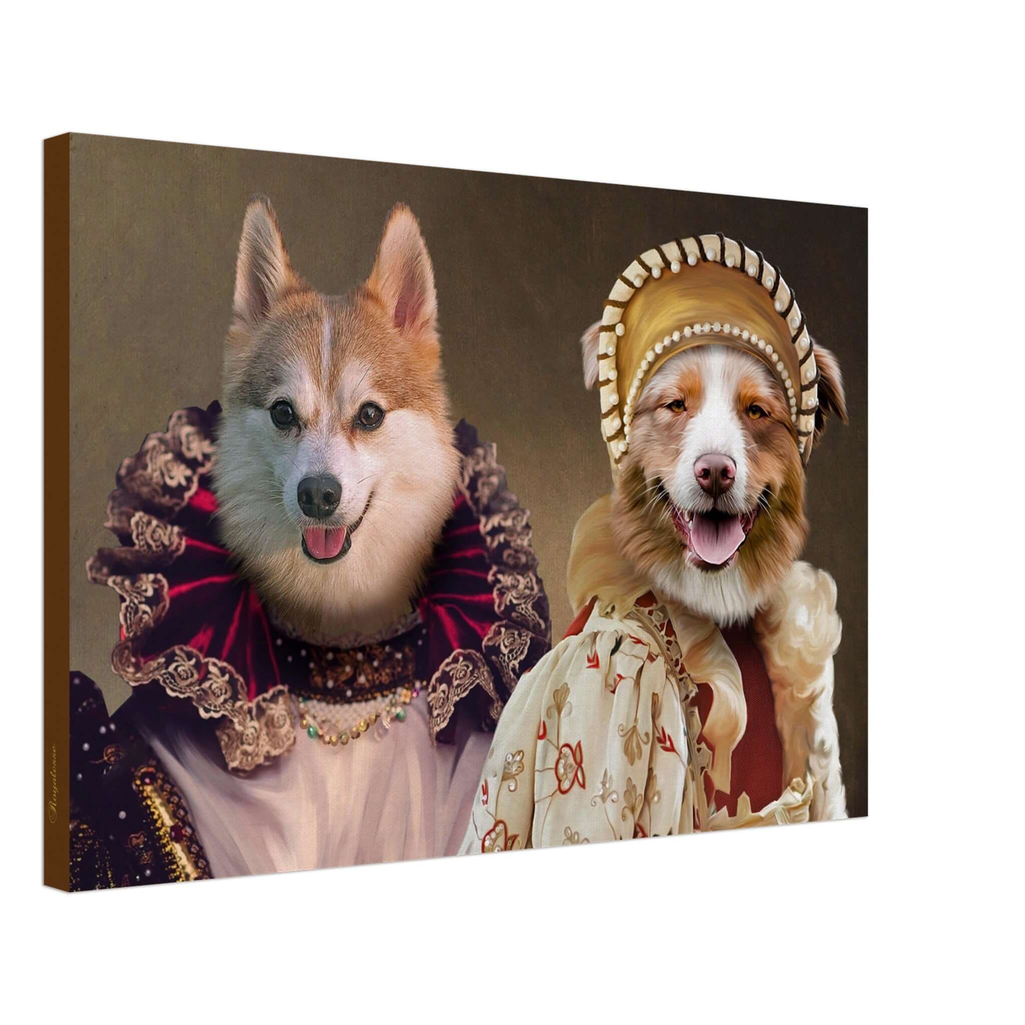 Portrait personnalisé de chiens élégants en costumes, toile imprimée en France, papier FSC, art intemporel et raffiné.