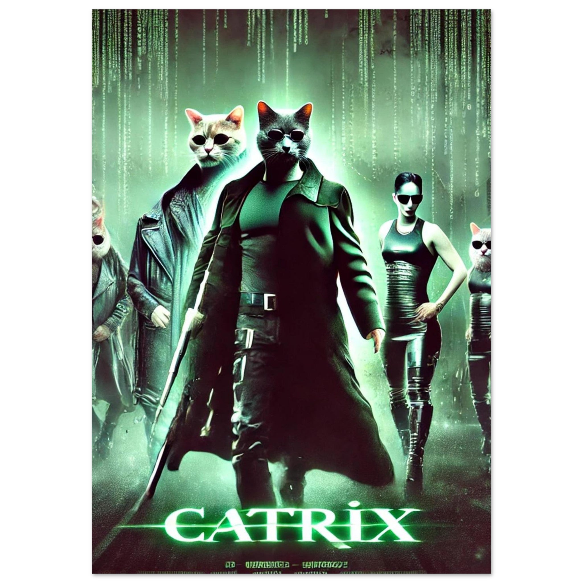 Affiche de CATRIX : cinq personnages mi-chats mi-humains en trench-coats et cuir noir, lunettes de soleil, arme à la main, sur un fond de code vert façon Matrix.