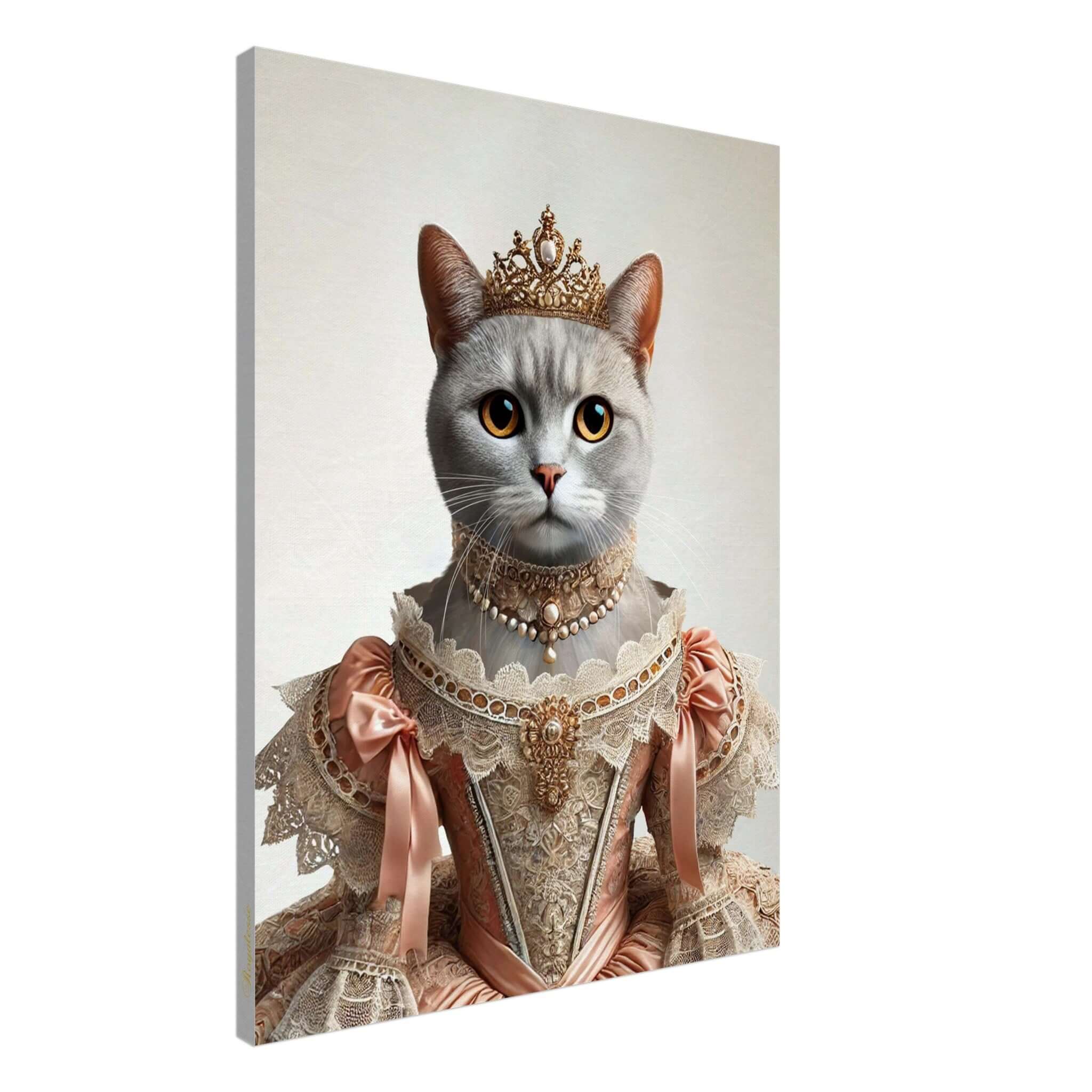 Toile SISSI, portrait animal personnalisé raffiné, imprimé en France sur papier FSC, chat majestueux en tenue royale.