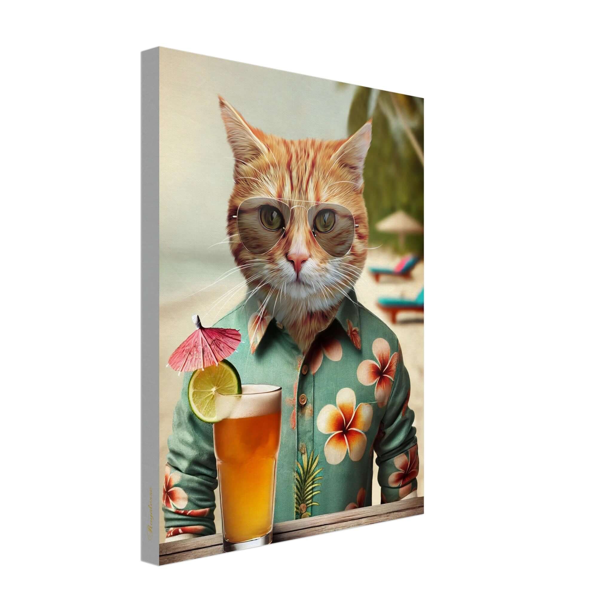 Portrait personnalisé de chat en toile, Beach Boy, imprimé en France sur papier FSC, style vacances tropicales.