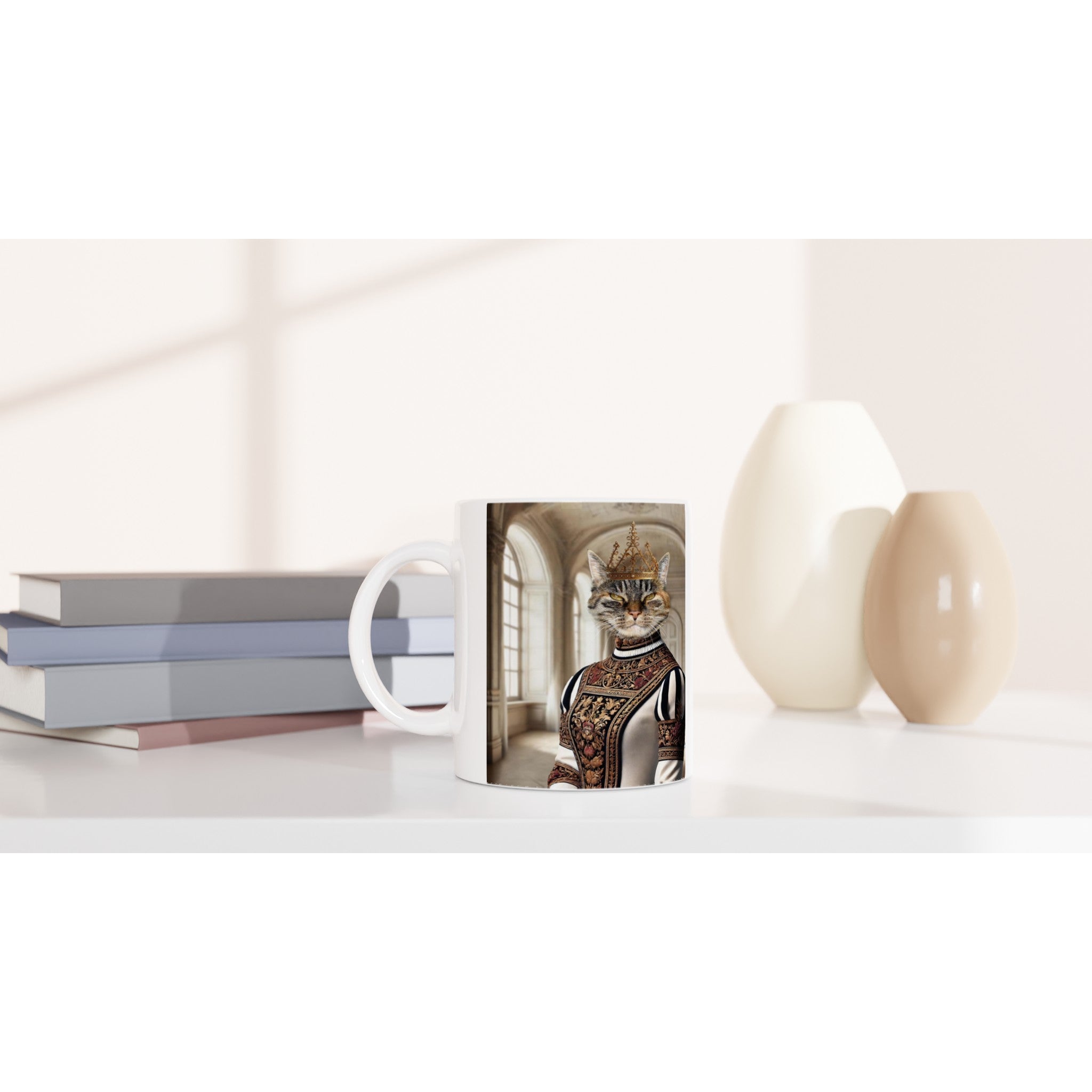Mug blanc affichant un chat couronné en tenue Renaissance richement brodée, posé sur une table blanche avec livres empilés et vases décoratifs dans un intérieur lumineux.
