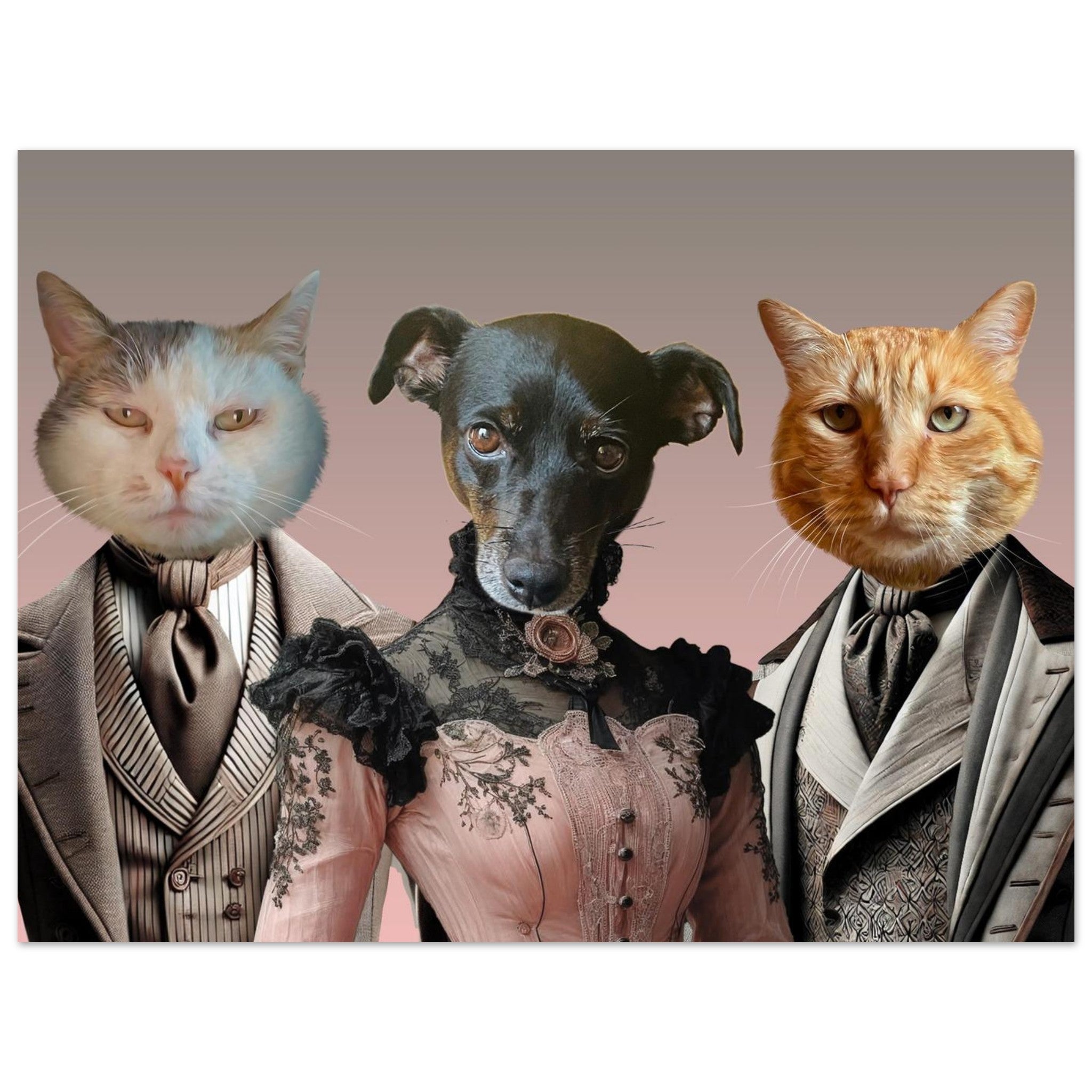 Trois animaux anthropomorphes élégants sur fond dégradé : à gauche un chat blanc en costume victorien brun, au centre une petite chienne noire en robe victorienne rose à dentelle noire, à droite un chat roux en costume victorien gris.