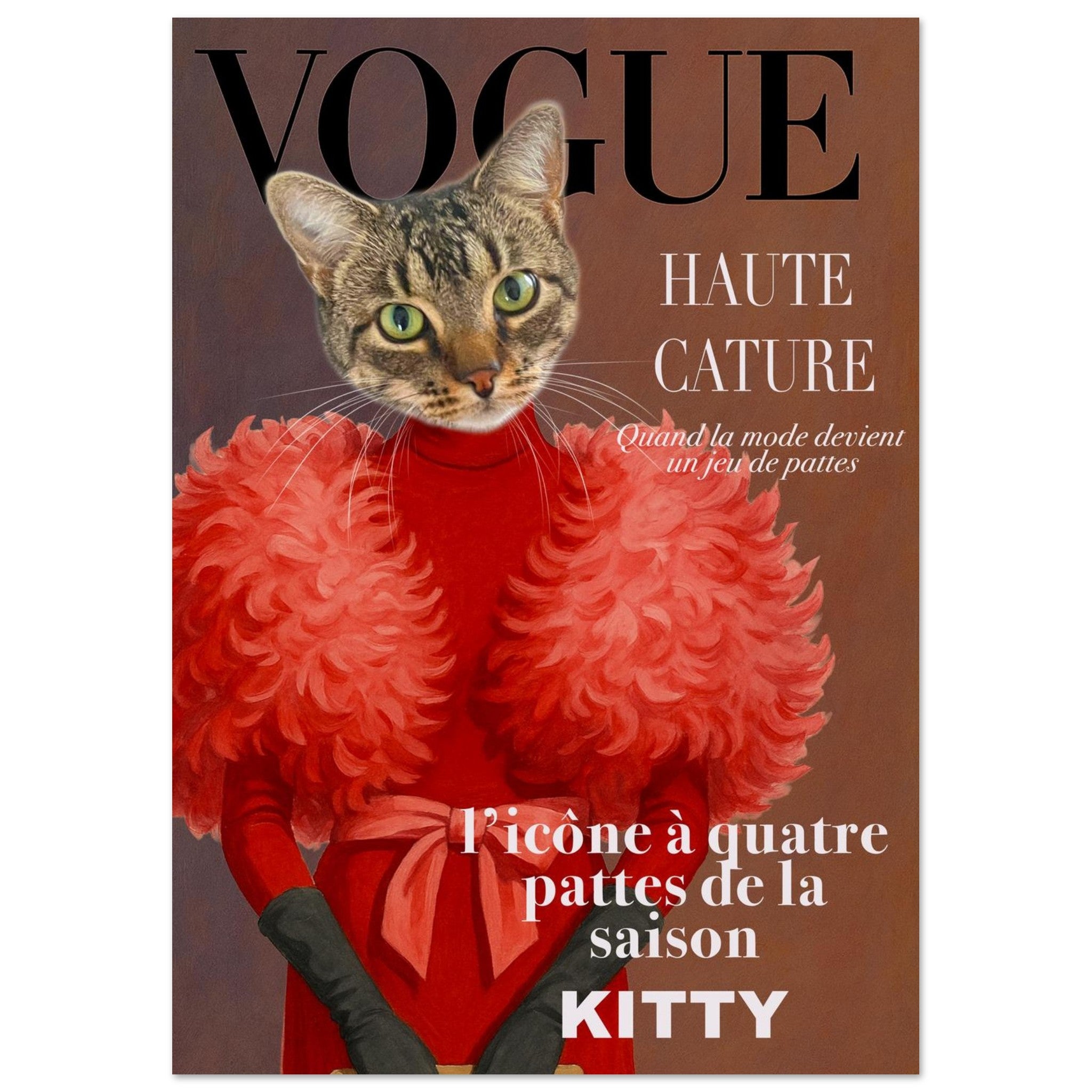 Couverture parodique de Vogue « Haute Cature » montrant la tête d’un chat tigré sur un corps habillé d’une robe rouge à plumes et de gants noirs, avec le slogan « l’icône à quatre pattes de la saison ».