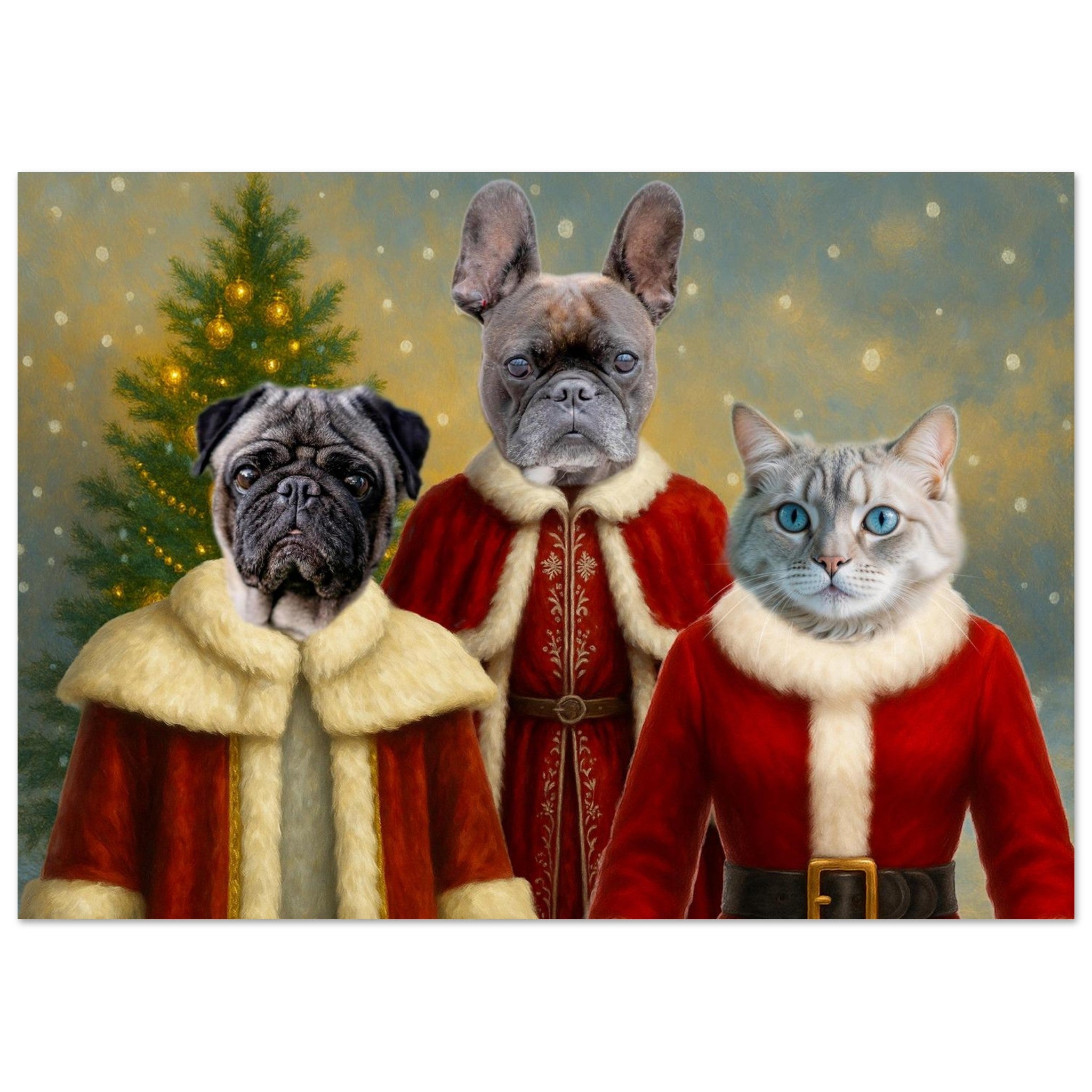 Portrait festif de trois animaux anthropomorphes en manteaux rouges bordés de fourrure blanche de style Père Noël : un carlin, un bouledogue français et un chat aux yeux bleus devant un sapin décoré.
