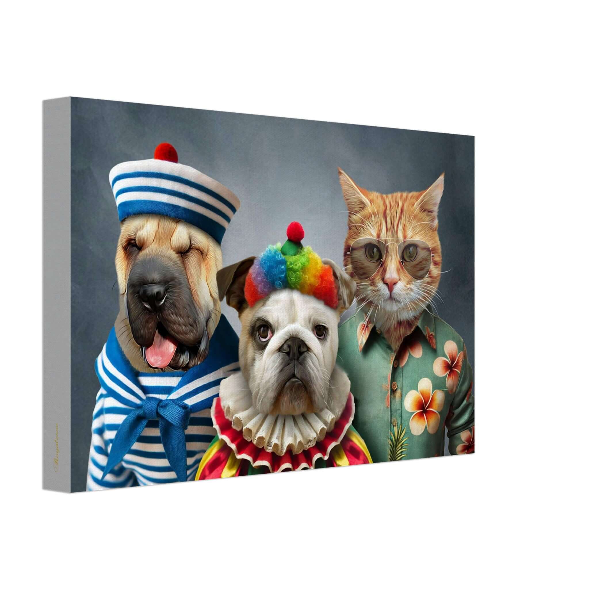 Portraits d'animaux sur toile, imprimés en France, avec papier FSC. Œuvre artistique de chiens et chat en tenues festives.