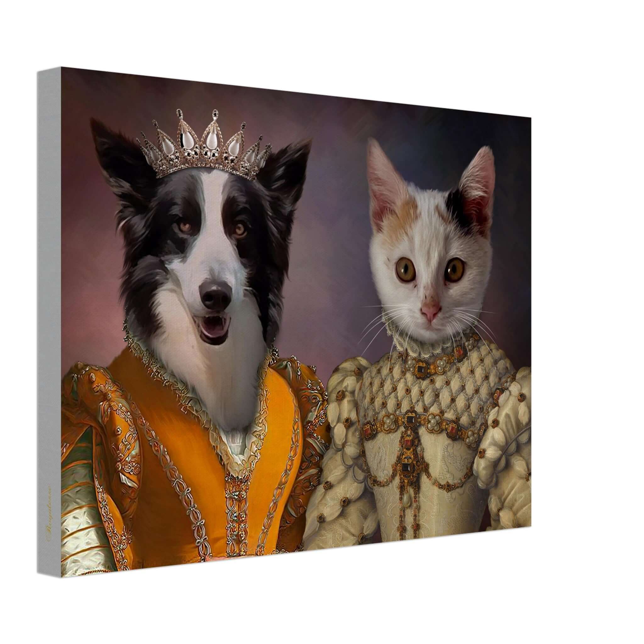 Portrait personnalisé d'animaux en tenue royale imprimé en France, sur une toile de papier FSC, pour une œuvre d'art intemporelle.