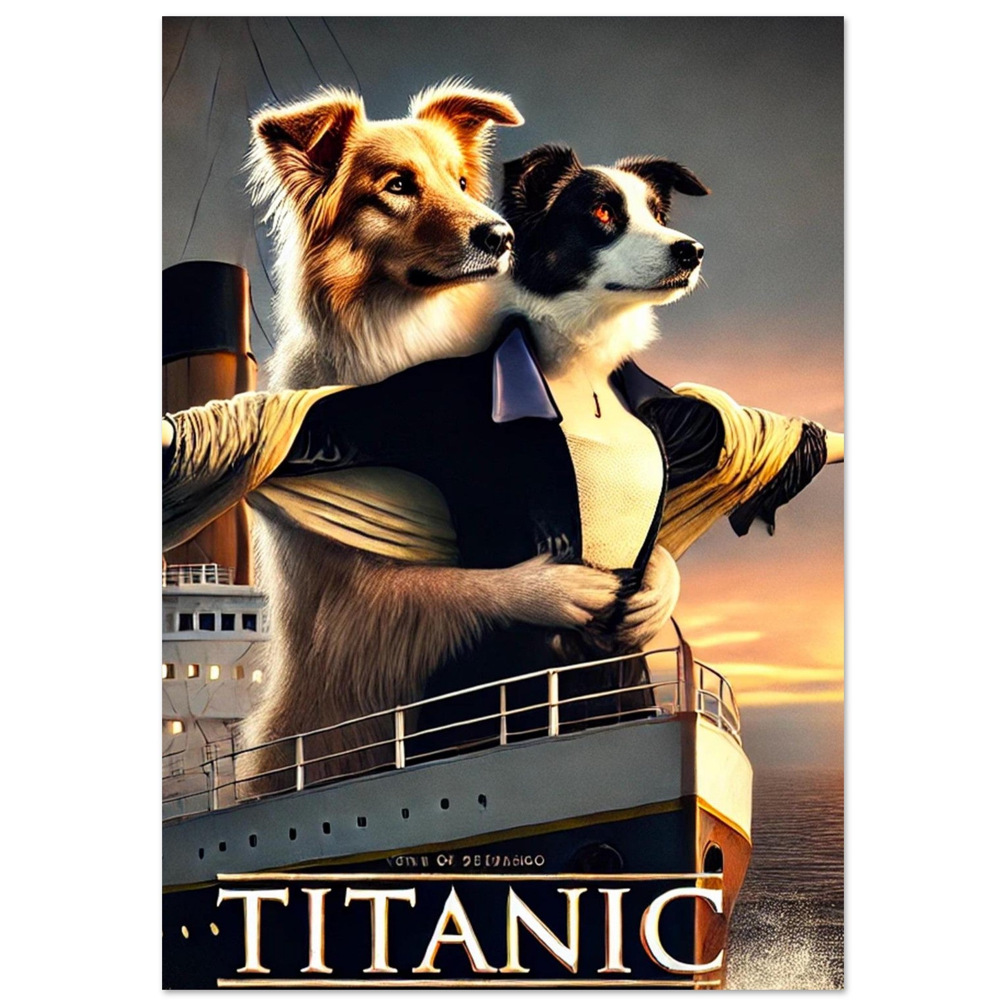 Deux chiens anthropomorphes, l’un à la robe fauve et l’autre noir et blanc, sont enlacés à la proue d’un paquebot au coucher de soleil dans une parodie du film Titanic.