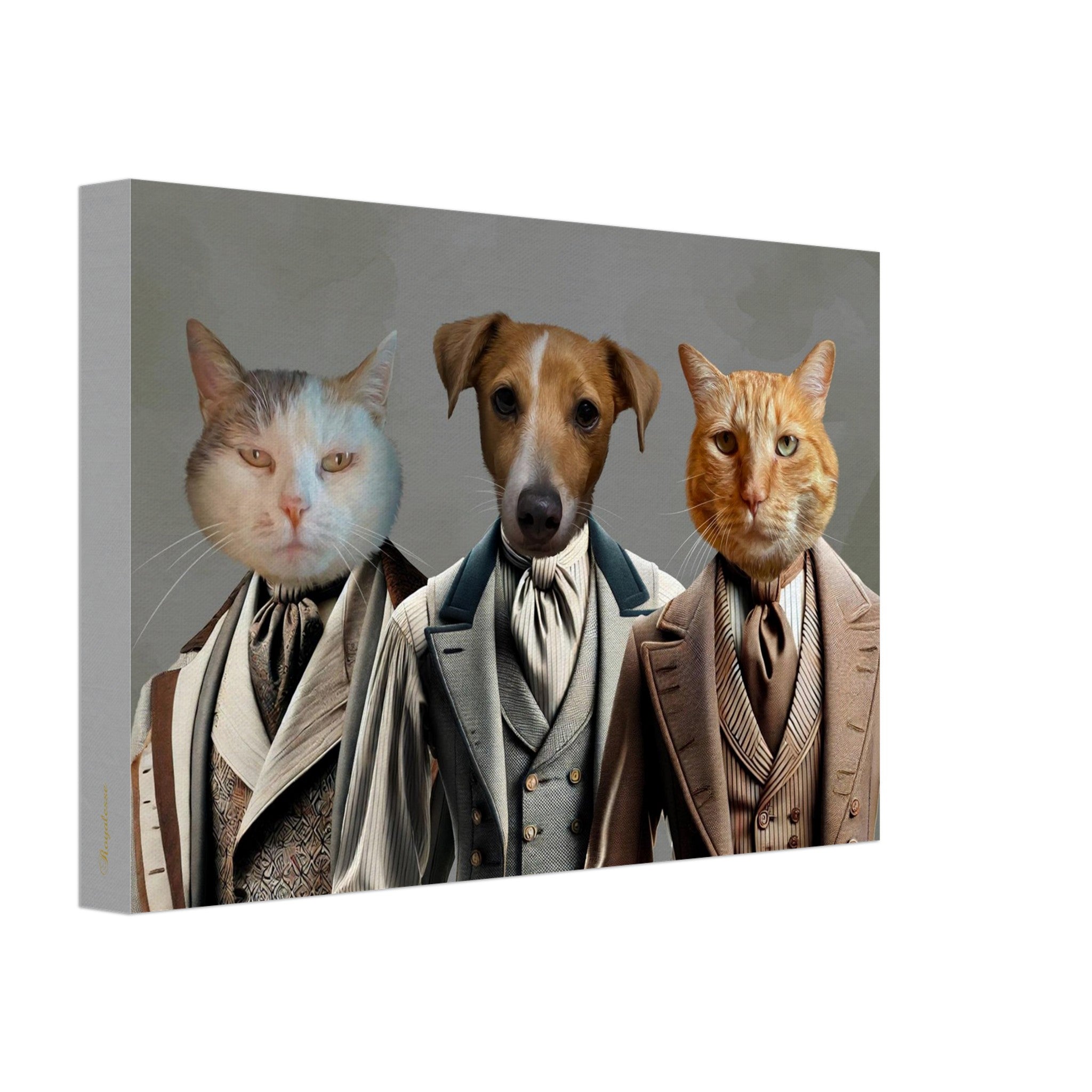Portrait personnalisé d'animaux en costume sur toile, chats et chien élégants, art décoratif intemporel pour animal de compagnie.