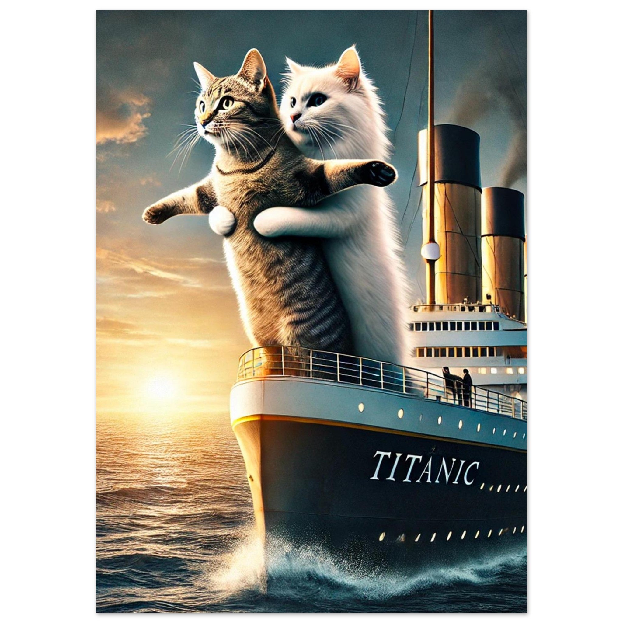 Deux chats, l’un blanc et l’autre tigré, imitent la scène mythique du Titanic à la proue d’un paquebot au coucher du soleil sur l’océan.