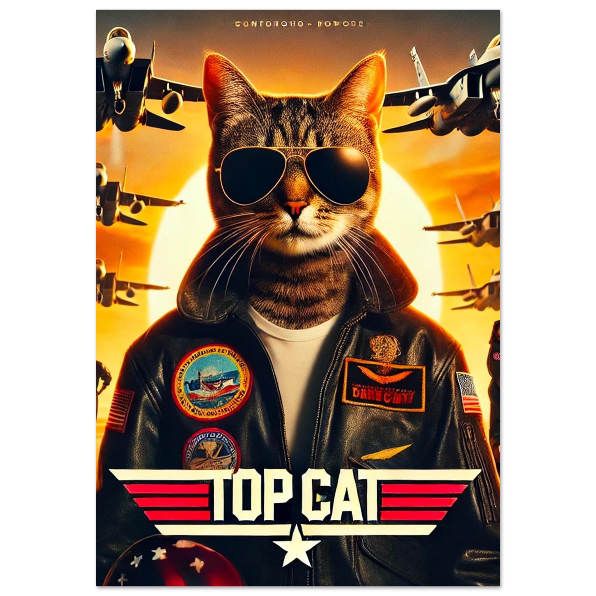 Affiche Top Cat : chat anthropomorphe en veste de pilote de chasse et lunettes aviateur, entouré de jets militaires en formation devant un coucher de soleil.