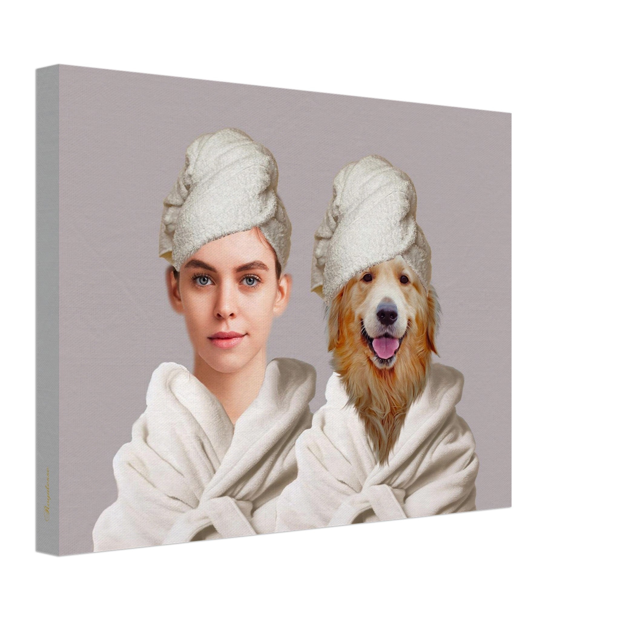 Tableau portrait duo humain-chien avec serviettes, réalisé en France, offrant une touche artistique personnalisée et intemporelle.