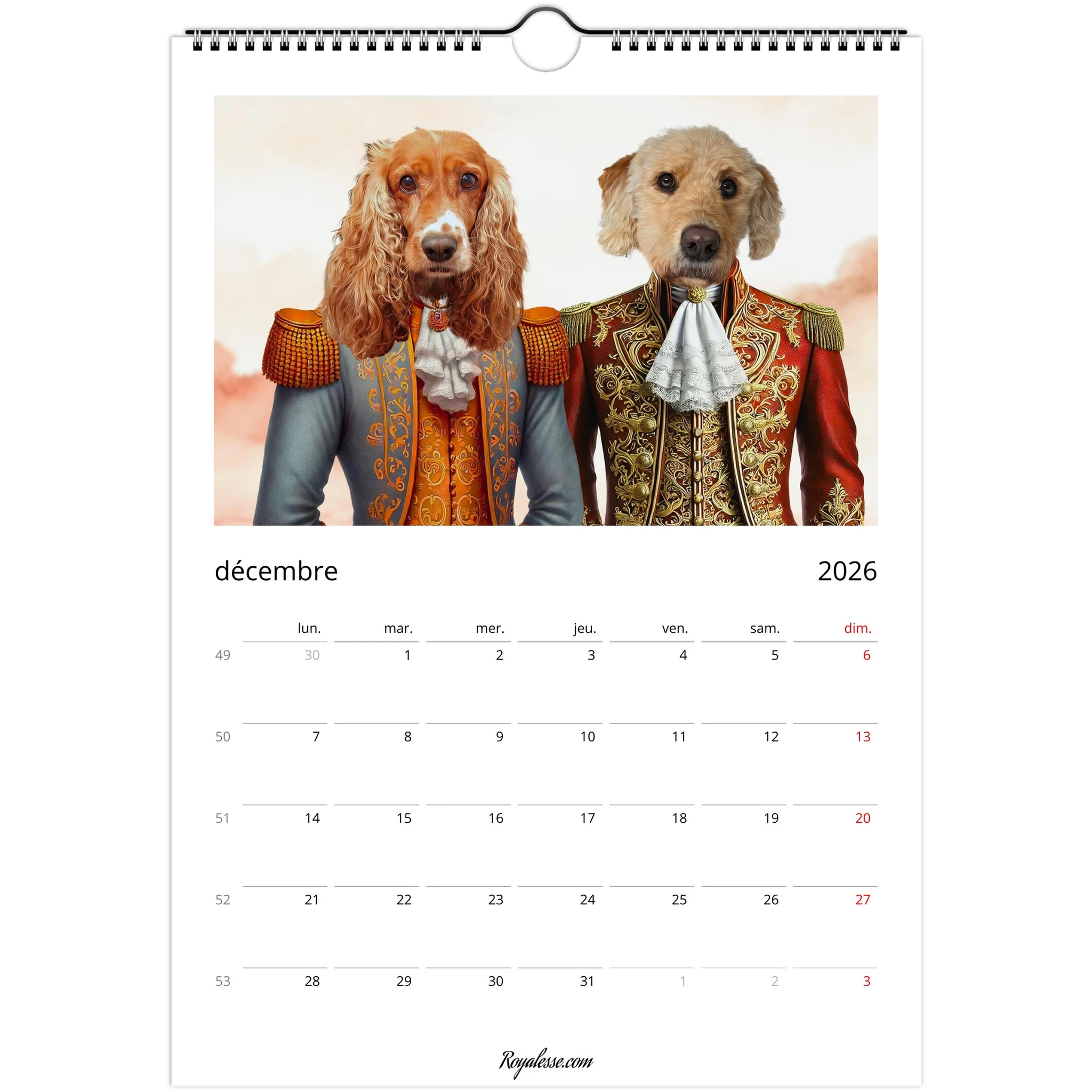 Calendrier décembre 2026 illustré par deux chiens en costumes d’aristocrates : un cocker en habit bleu et orange brodé et un chien à la robe frisée en uniforme rouge et doré.