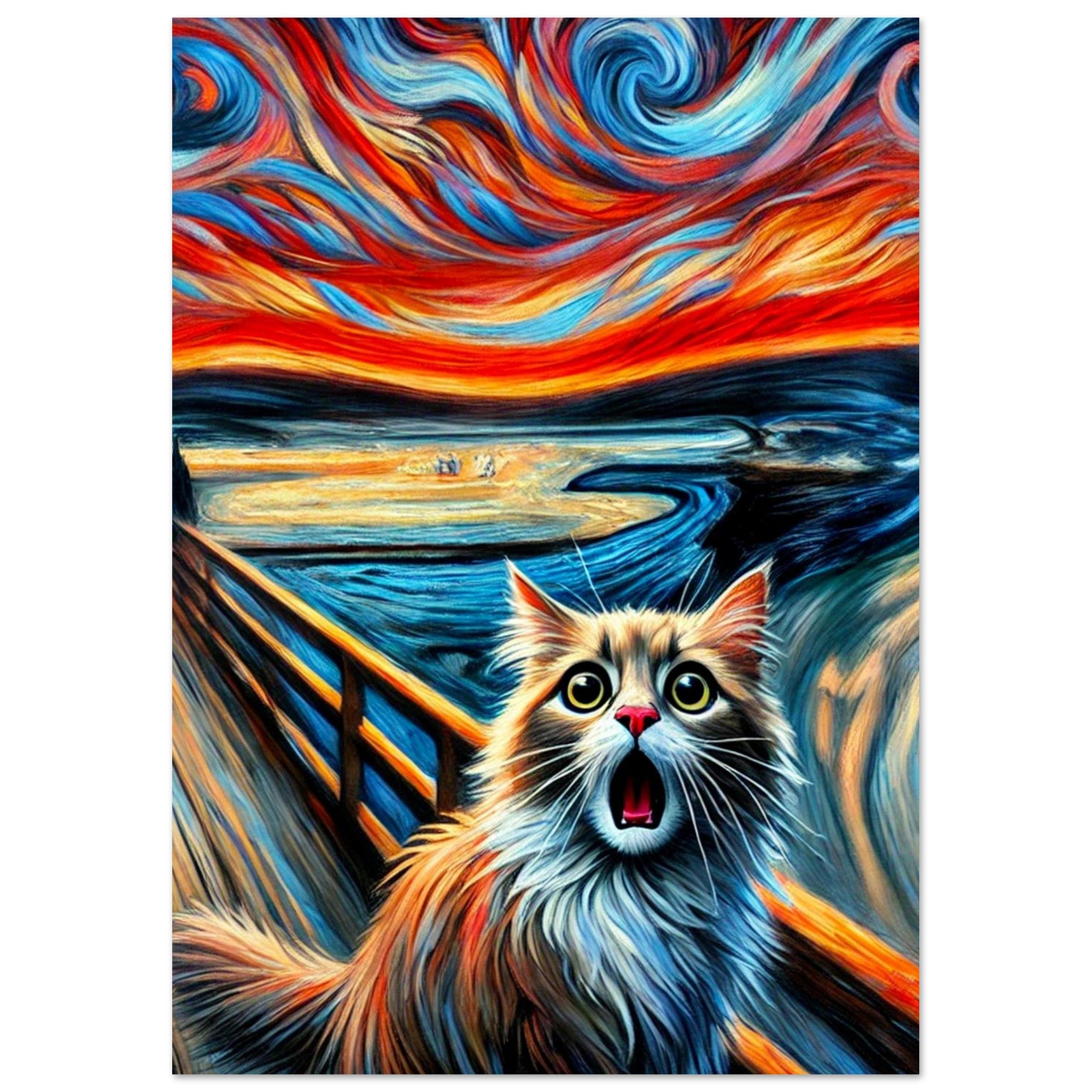 Chat duveteux bouche bée sur un pont en bois, ciel tourbillonnant de rouges et bleus vifs à la manière du Cri de Munch, peinture numérique.