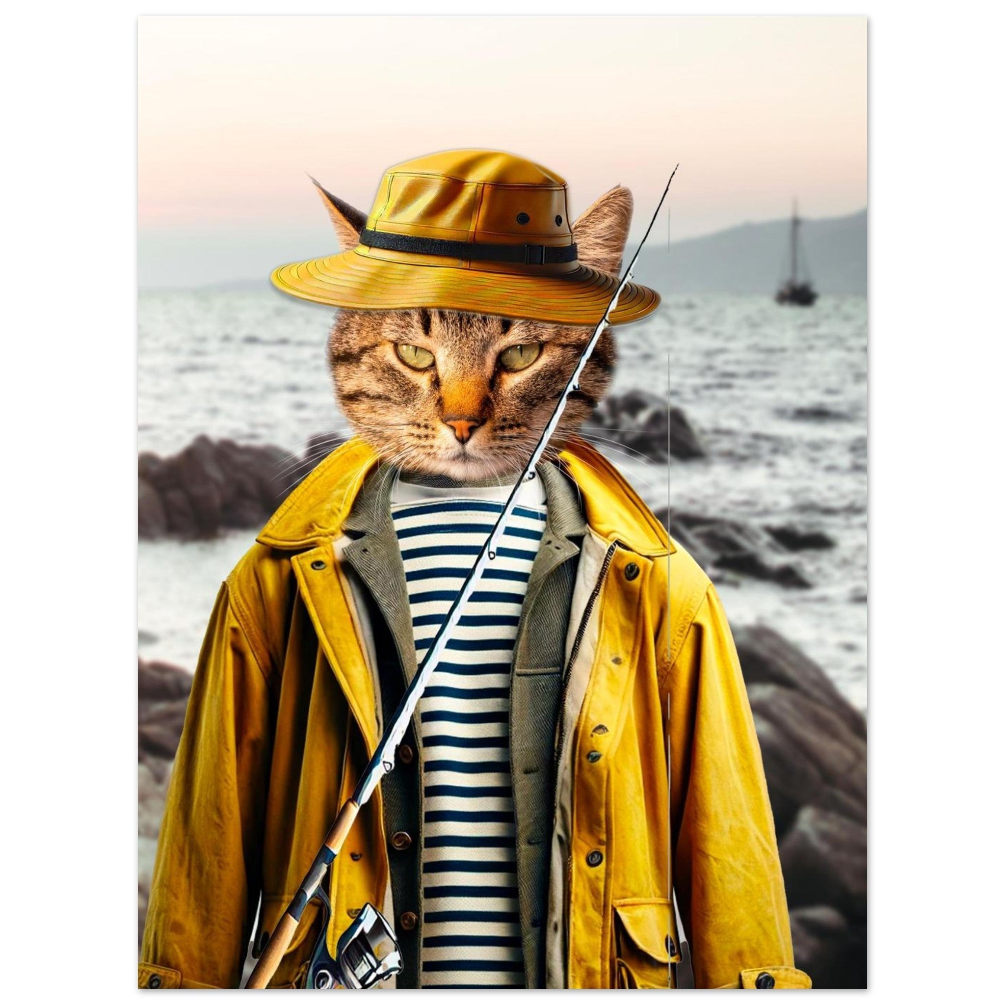 Chat anthropomorphe en ciré jaune et chapeau de pêcheur, portant une marinière à rayures et tenant une canne à pêche devant un paysage marin rocheux avec un bateau à l’horizon