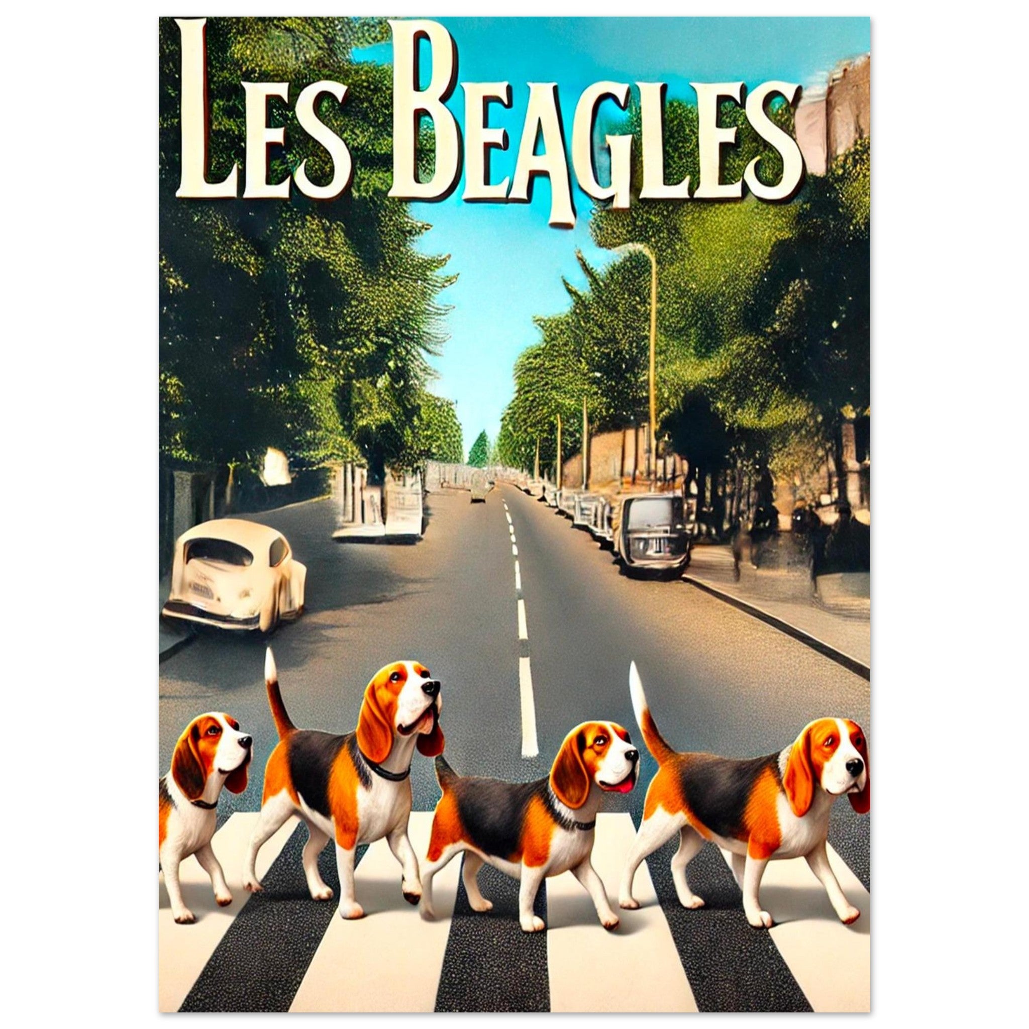 Parodie de la pochette Abbey Road : quatre chiens beagle traversant un passage piéton sous le titre “Les Beagles”
