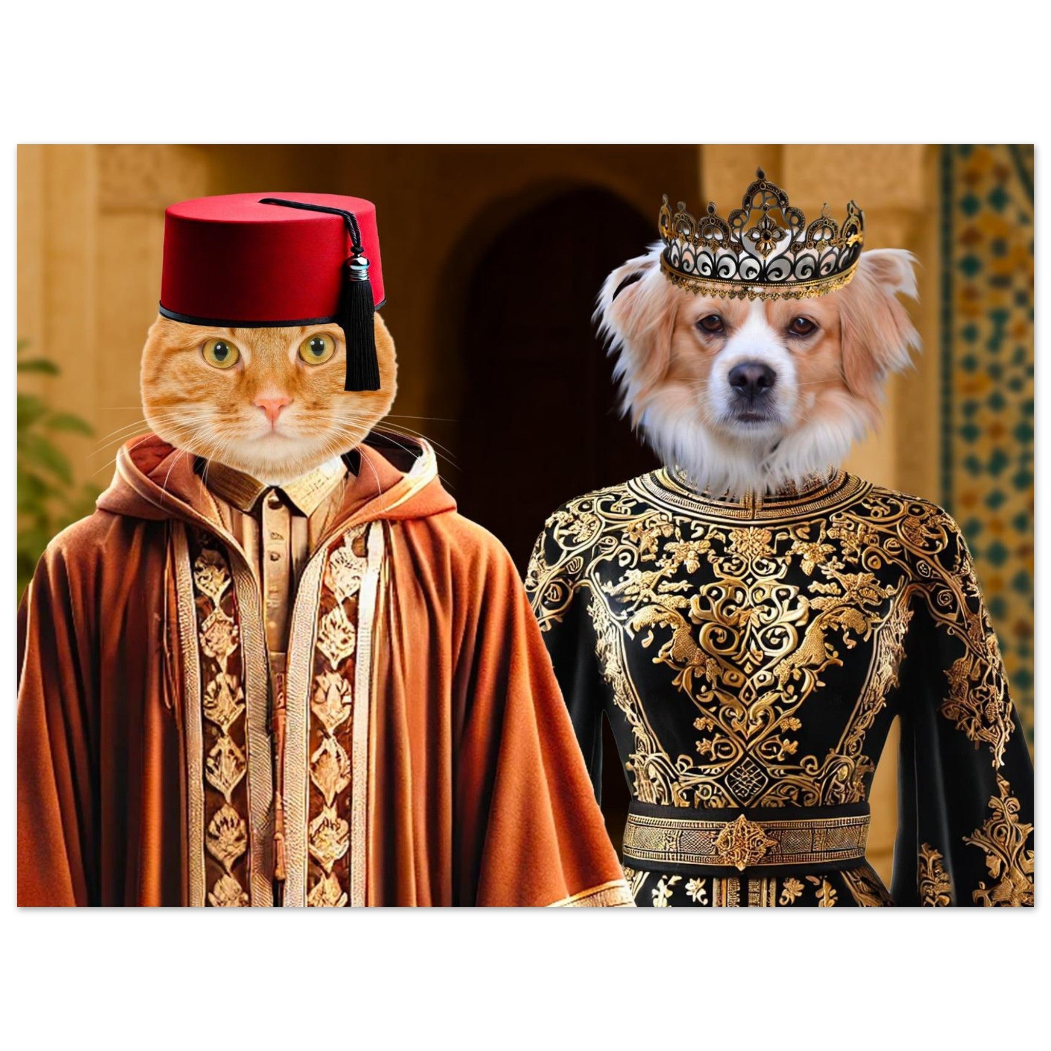 Chat roux en fez rouge et djellaba brodée à côté d’un chien couronné en tunique noire et or devant un décor oriental.