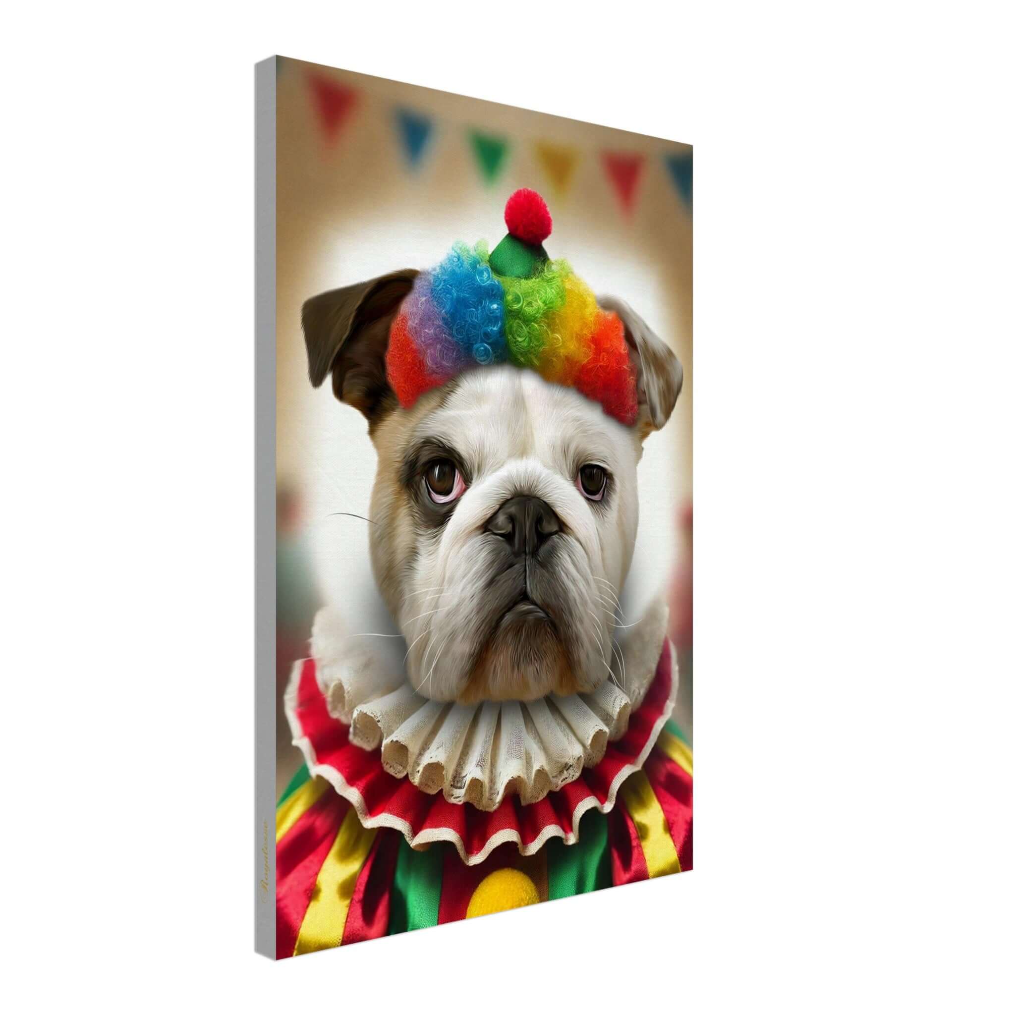 Portrait personnalisé de chien en clown, imprimé en France sur toile avec papier FSC, offrant une touche artistique unique.
