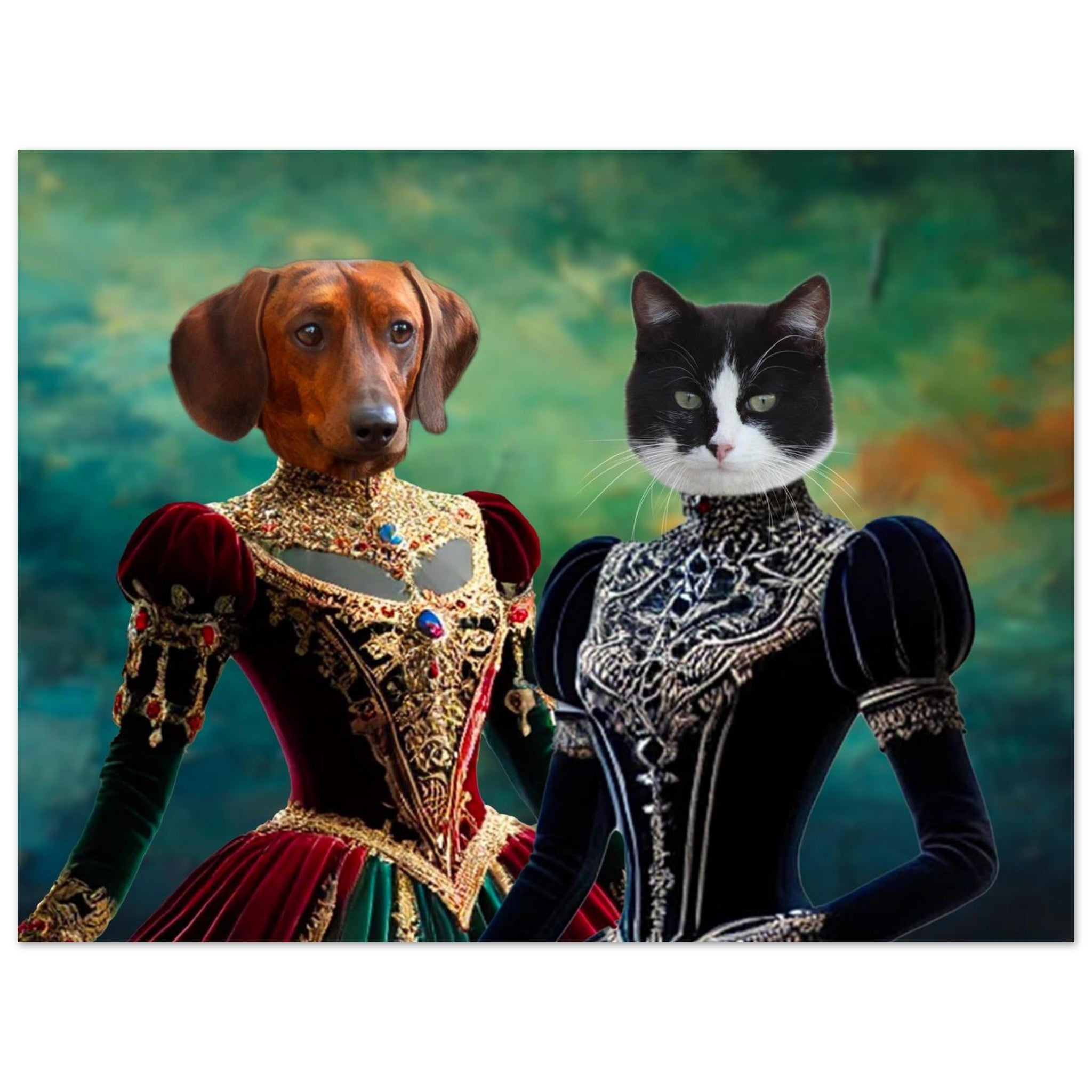 Chien teckel marron et chat noir et blanc portraiturés en costume Renaissance, chacun vêtu d’une robe en velours richement brodée d’or, d’argent et de pierres précieuses, sur un fond pictural vert.