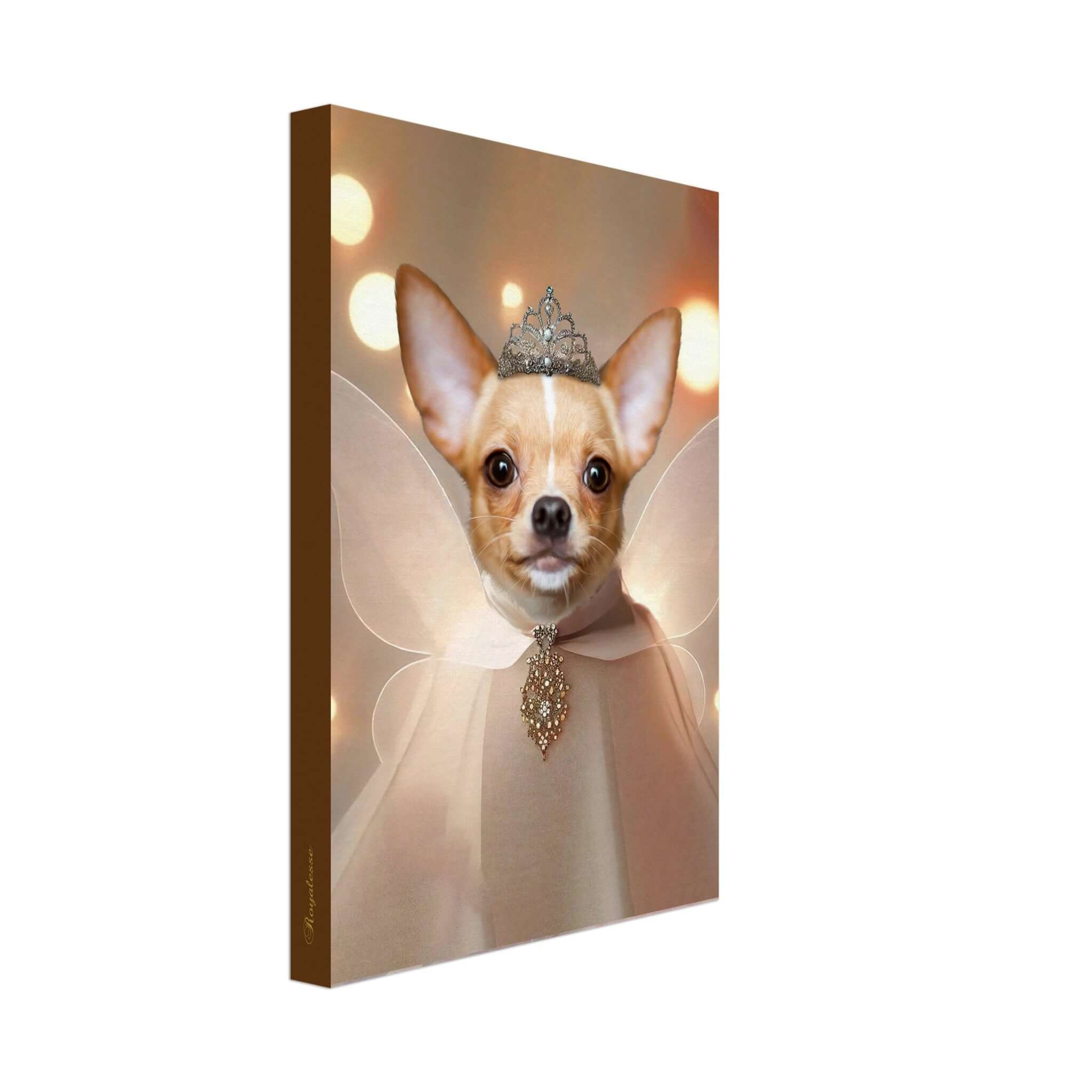 Portrait animalier personnalisé sur toile avec un chien chic, imprimé en France sur papier FSC, offrant une allure royale et élégante.