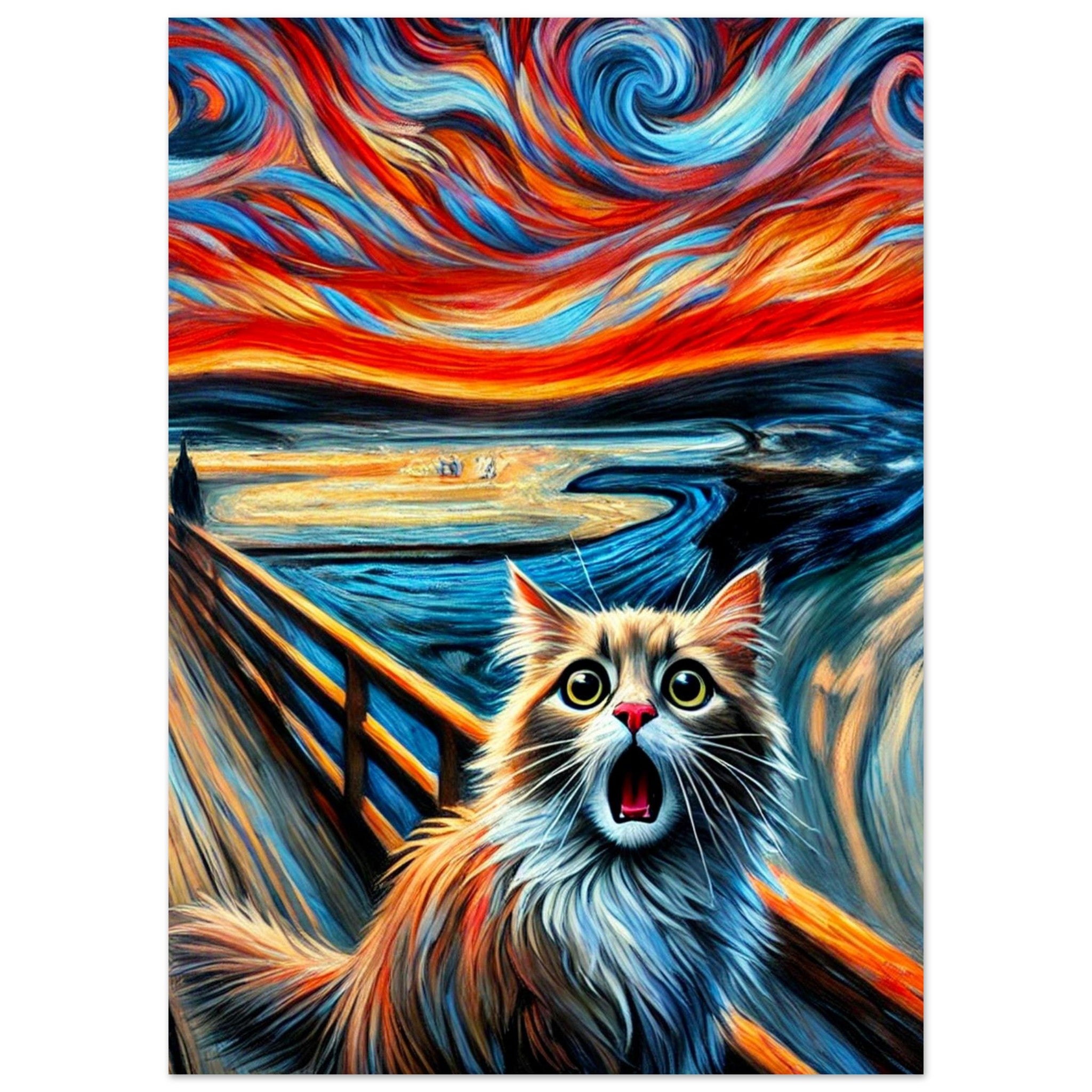 Chat aux grands yeux écarquillés et à la fourrure longue, perché sur un pont face à un ciel tourbillonnant rouge, orange et bleu dans un style surréaliste rappelant « Le Cri » de Munch.