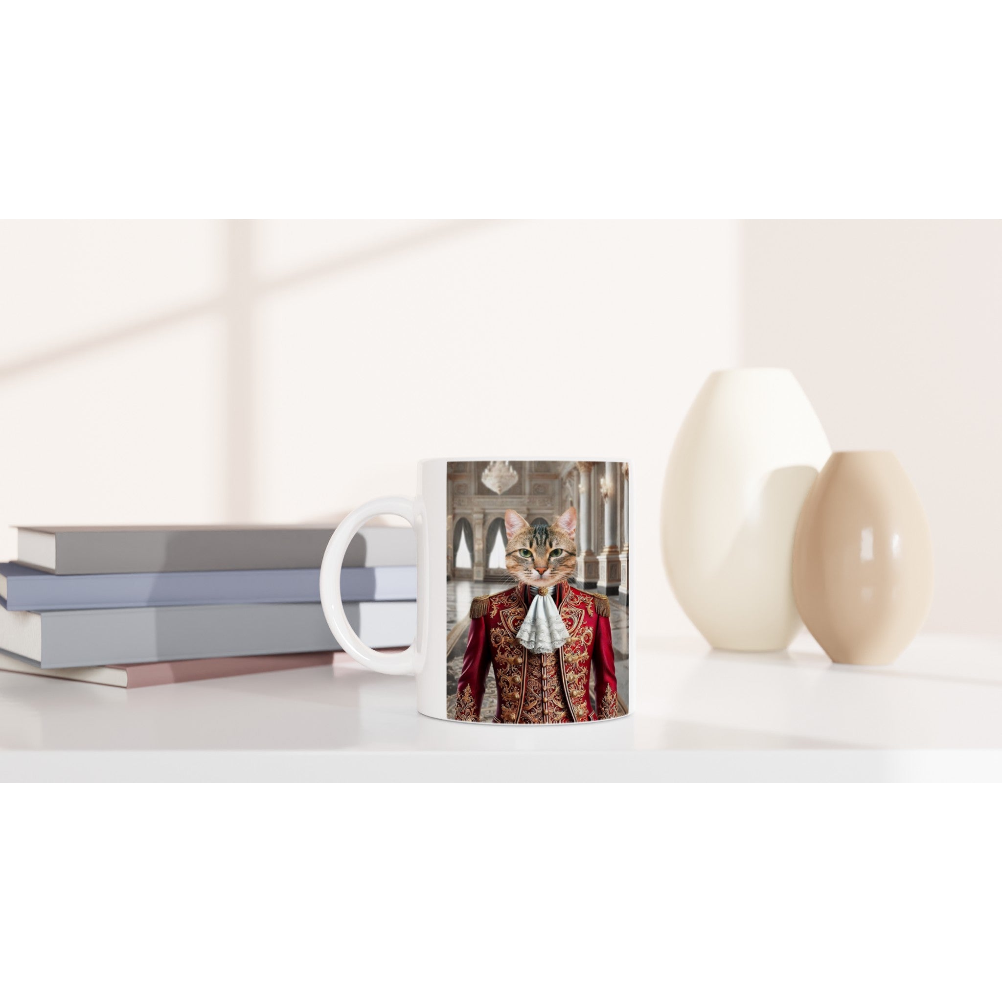 Tasse blanche posée sur une table, imprimée d’un chat aristocrate en costume baroque rouge, avec livres et vases en arrière-plan