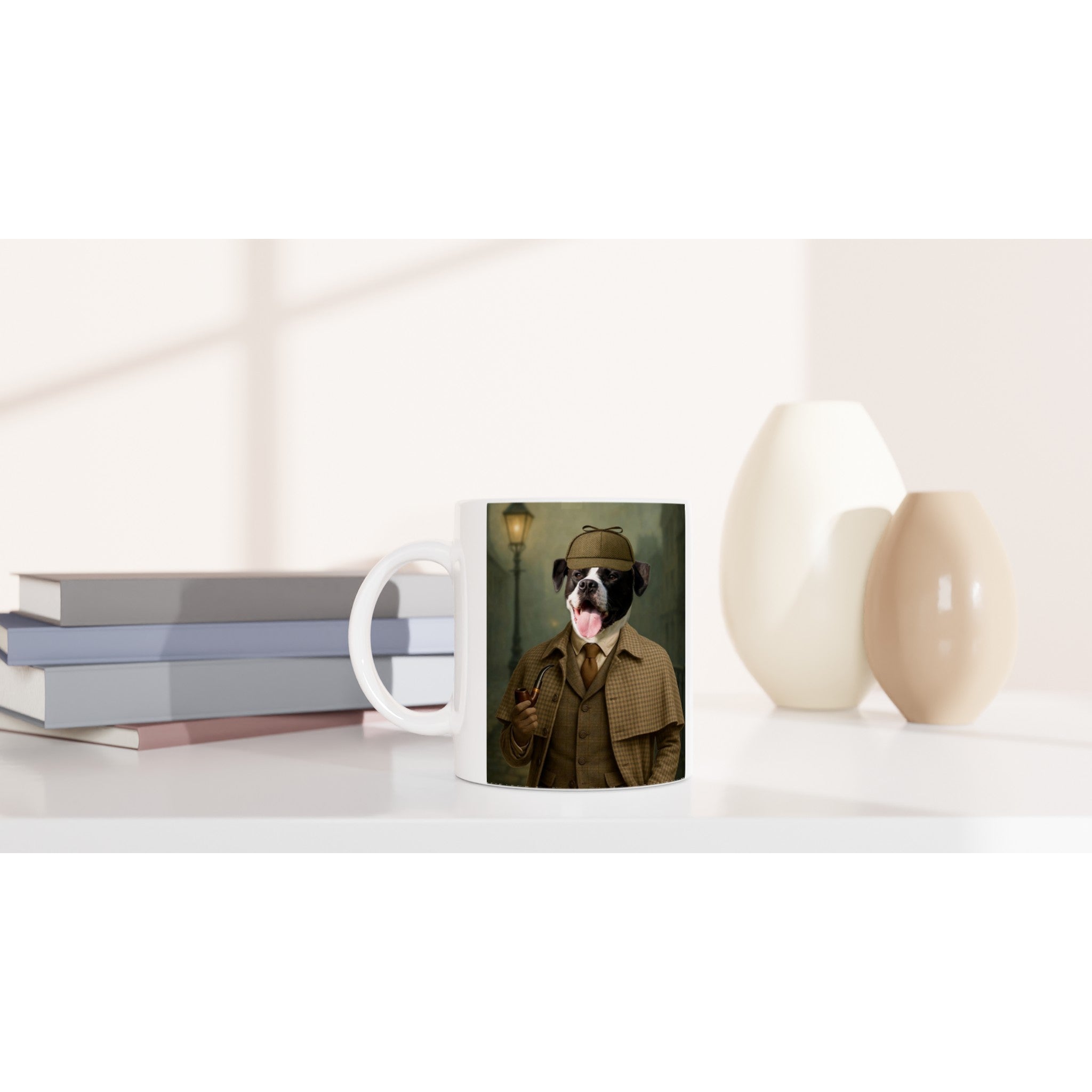 Mug blanc posé sur une table, orné d’un portrait de chien habillé en détective à la Sherlock Holmes (cape en tweed, deerstalker et pipe), avec une pile de livres et des vases en arrière-plan.