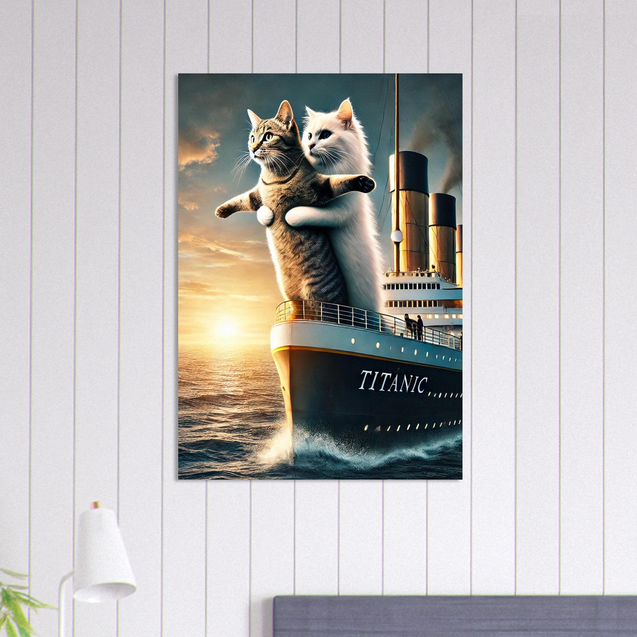 Deux chats, un chat tigré et un chat blanc, enlaçant la proue d’un paquebot « Titanic » au coucher du soleil sur l’océan.