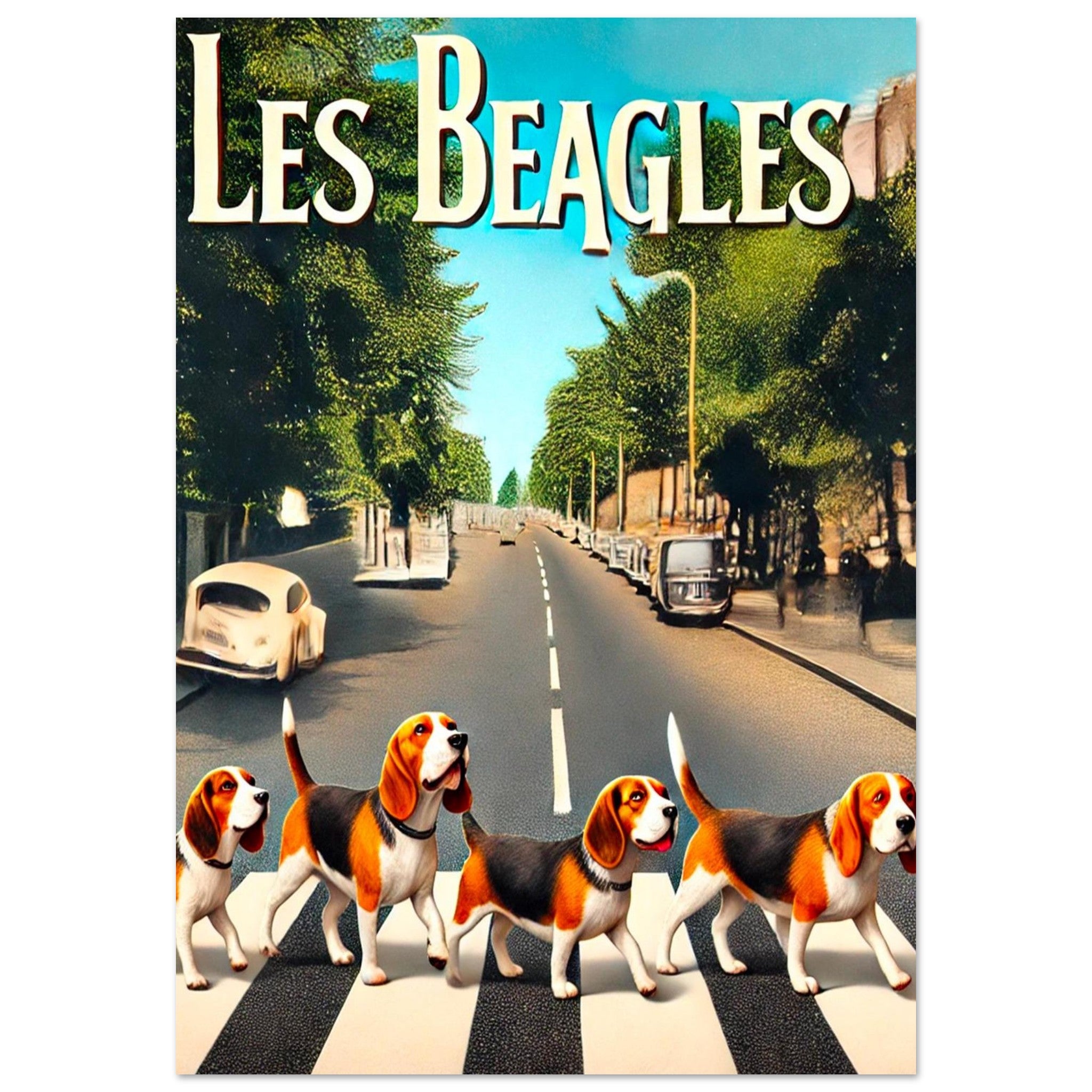 Couverture d’album fictive « Les Beagles » montrant quatre chiens beagle en file indienne traversant un passage piéton sur une avenue bordée d’arbres sous un ciel bleu.