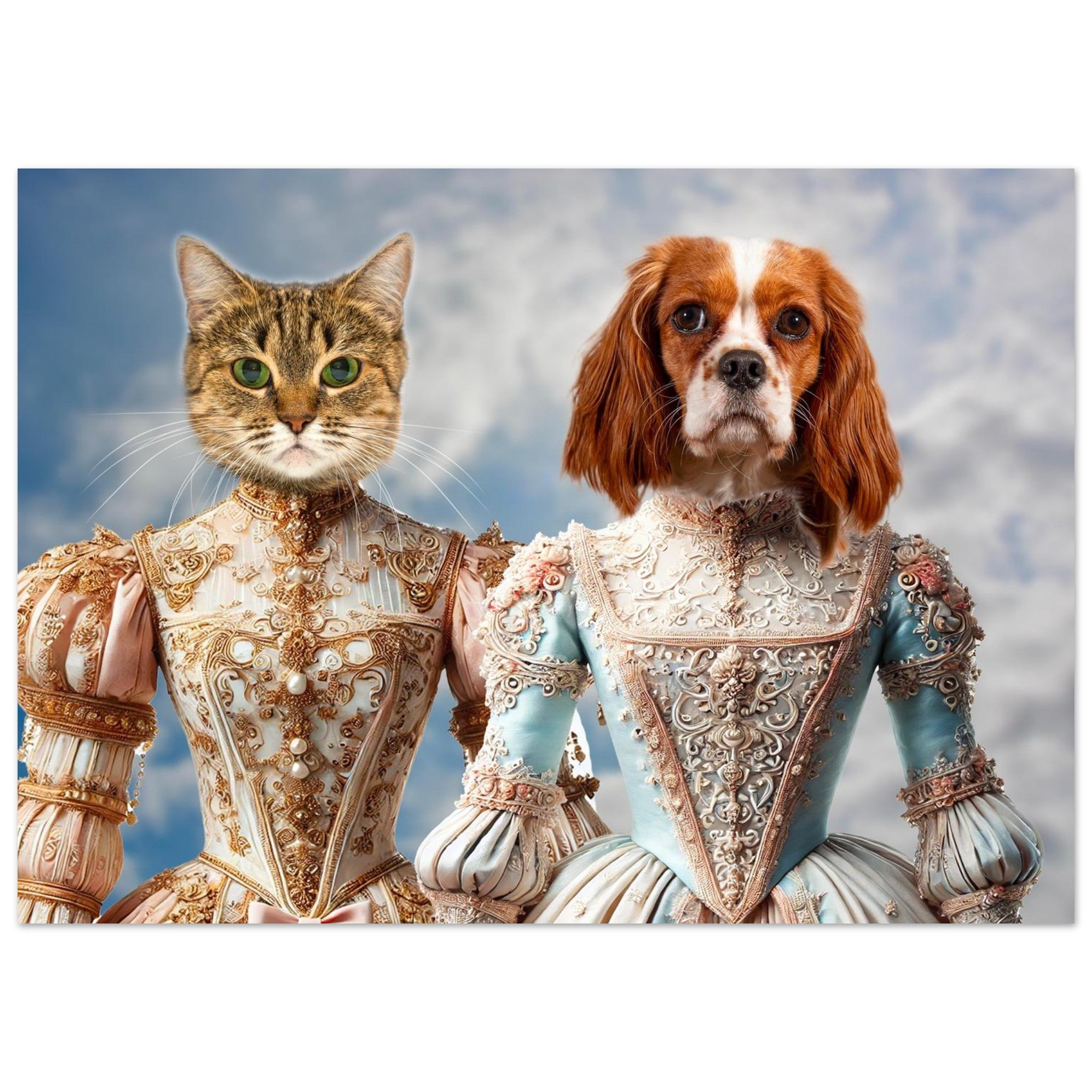 Chat tigré et épagneul cavalier King Charles en tenues baroques somptueusement décorées de perles et broderies dorées sur fond de ciel nuageux.