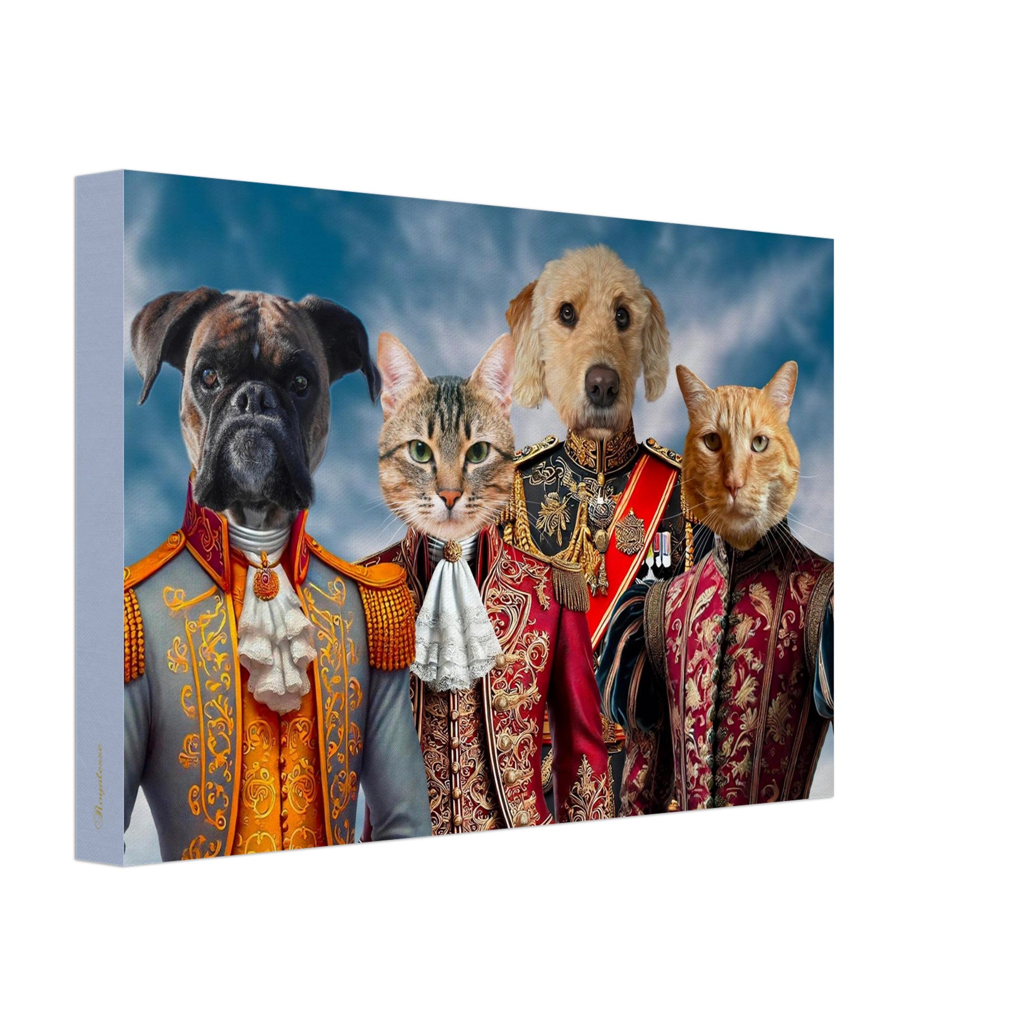 Tableau sur toile montrant un boxer, un chat tigré, un golden retriever et un chat roux en somptueux costumes baroques d’aristocrates brodés sur fond de ciel nuageux