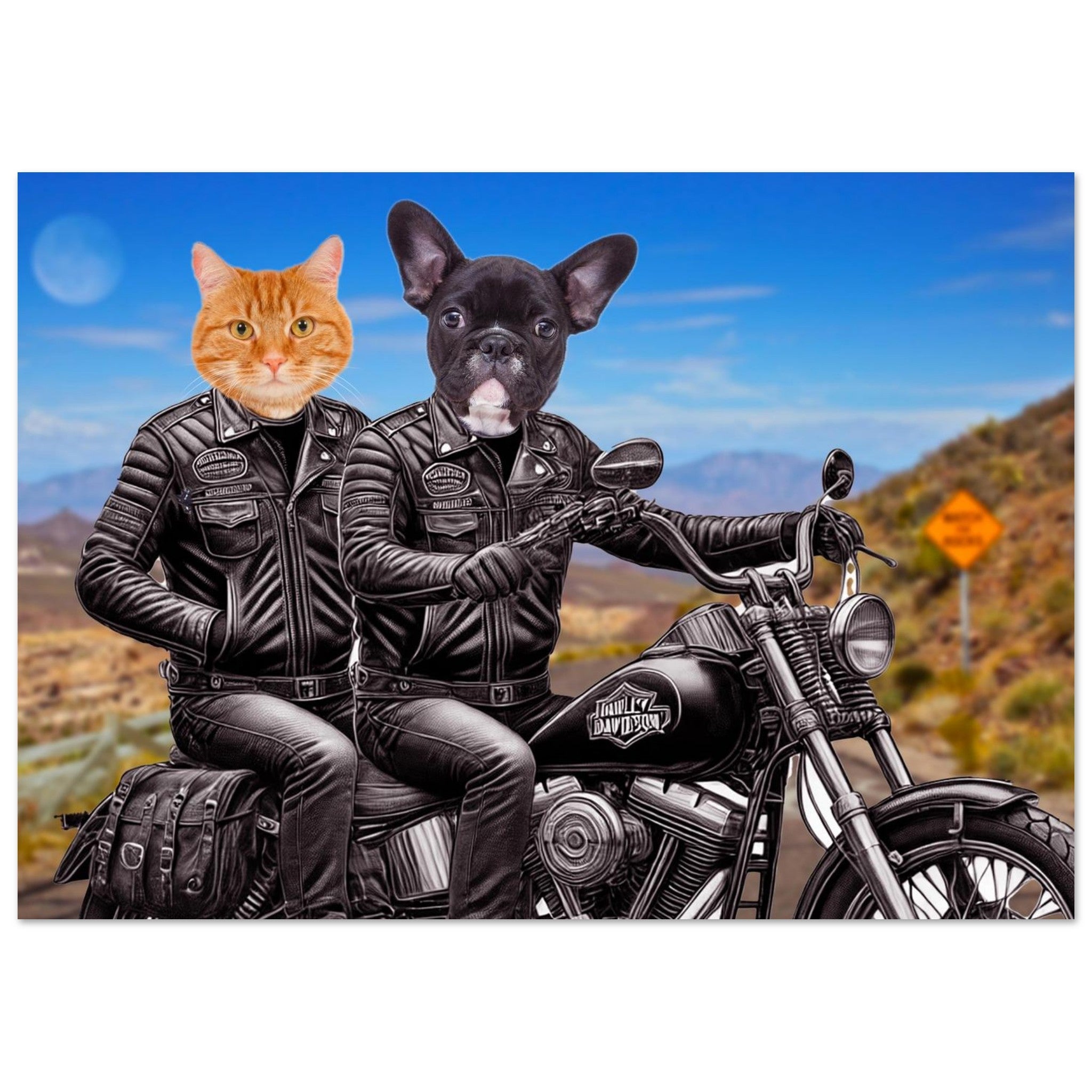 Deux motards anthropomorphes – tête de chat roux et tête de bouledogue français – en blousons de cuir noir, posés sur une Harley-Davidson filant sur une route désertique sous un ciel bleu.