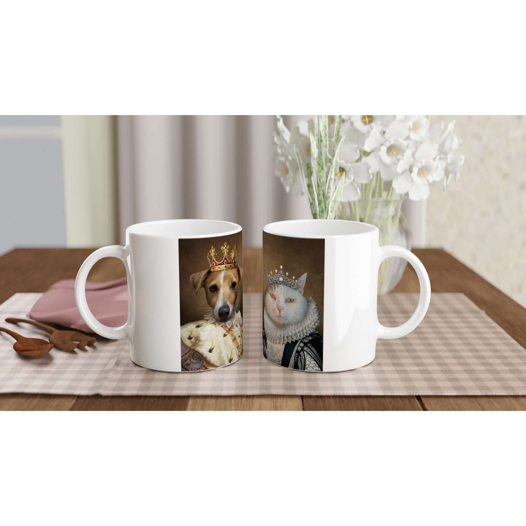 Tasses en céramique personnalisées roi et reine, portrait animaux en costume, imprimé en France, design élégant sur table