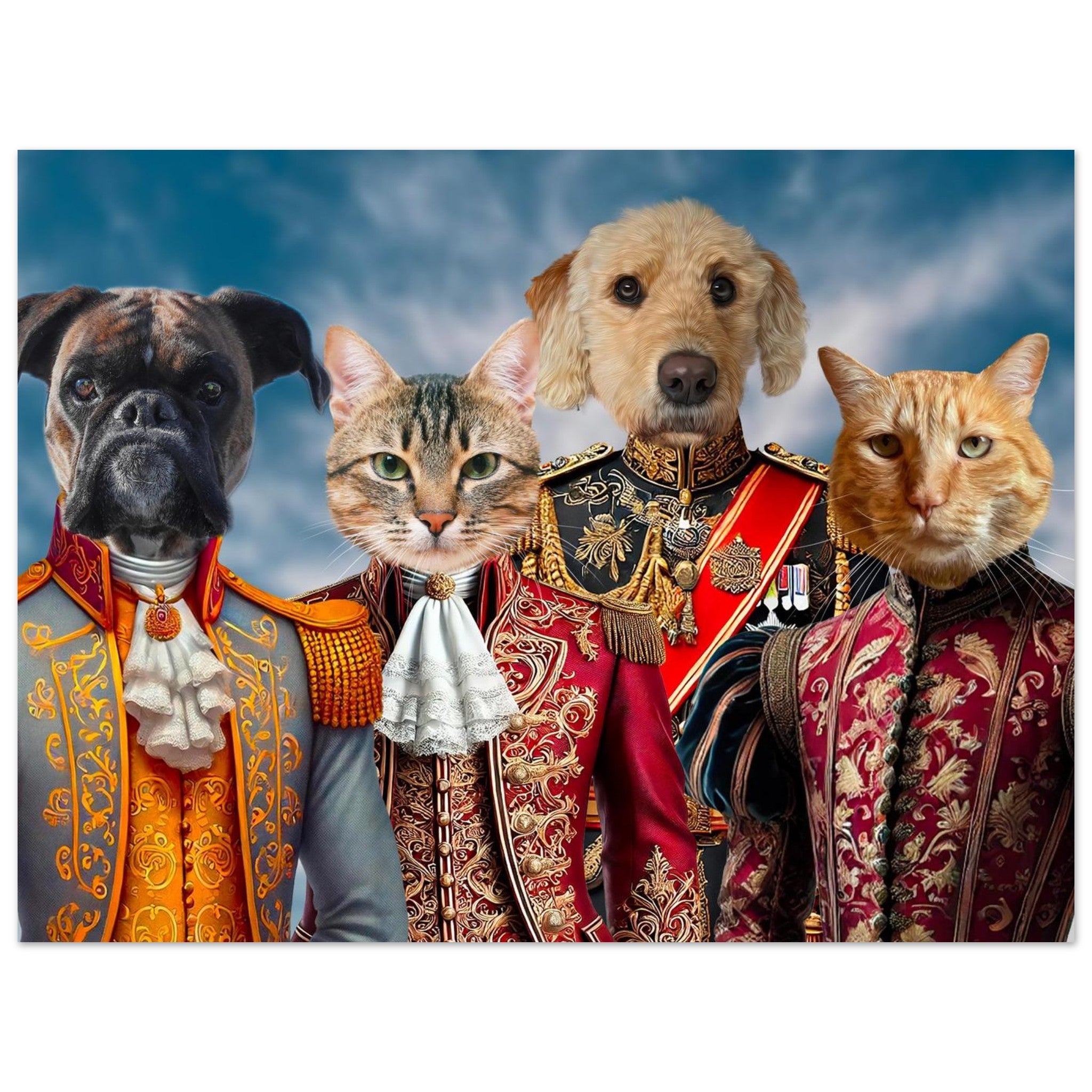 Quatre animaux anthropomorphes en tenues militaires baroques sur fond de ciel nuageux : un boxer en uniforme gris et or, un chat tigré en habit rouge et blanc brodé, un golden retriever en uniforme rouge orné de médailles et un chat roux en costume pourpre finement décoré.