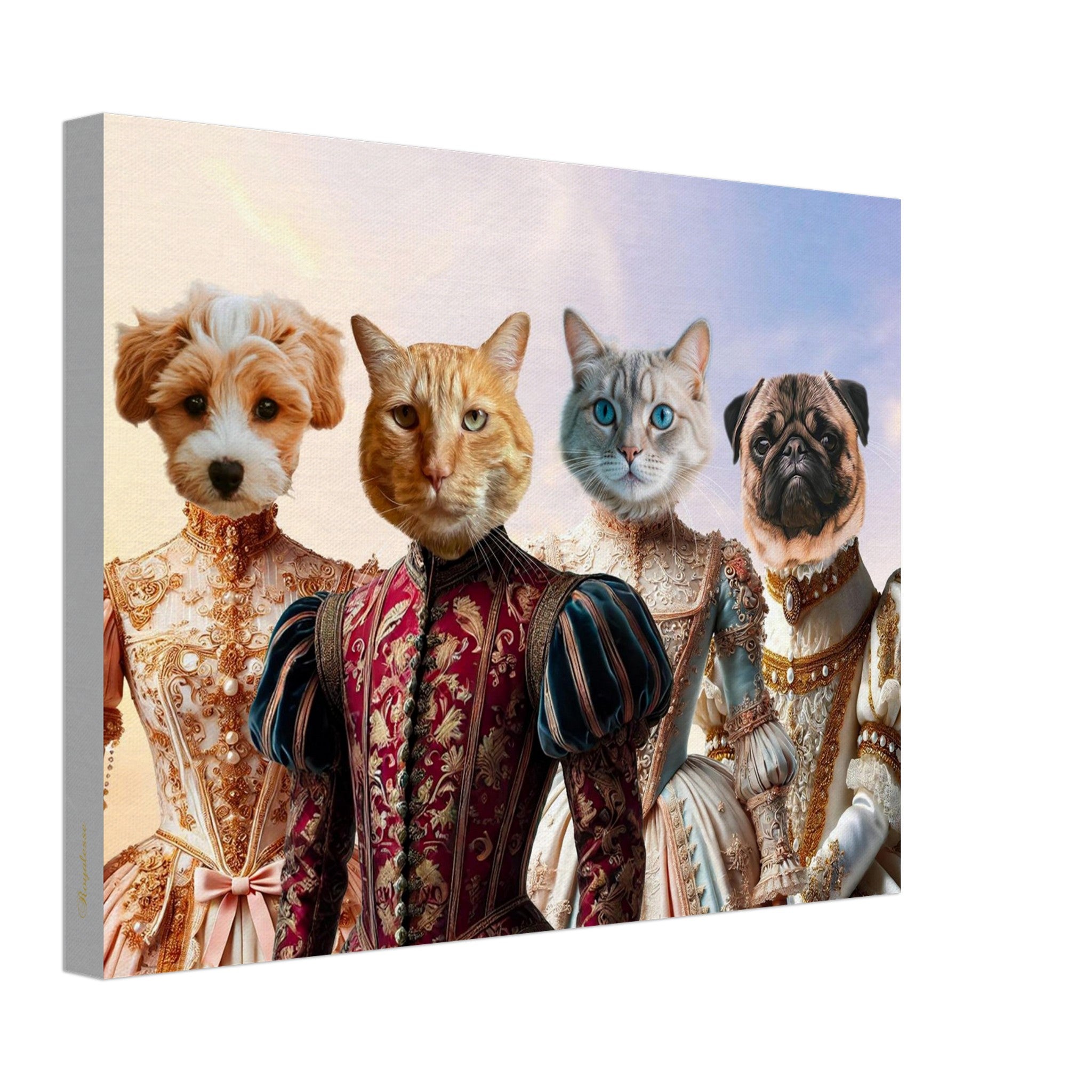 Toile murale représentant deux chats et deux chiens anthropomorphes vêtus de somptueux costumes aristocratiques de style Renaissance sur un fond pastel.