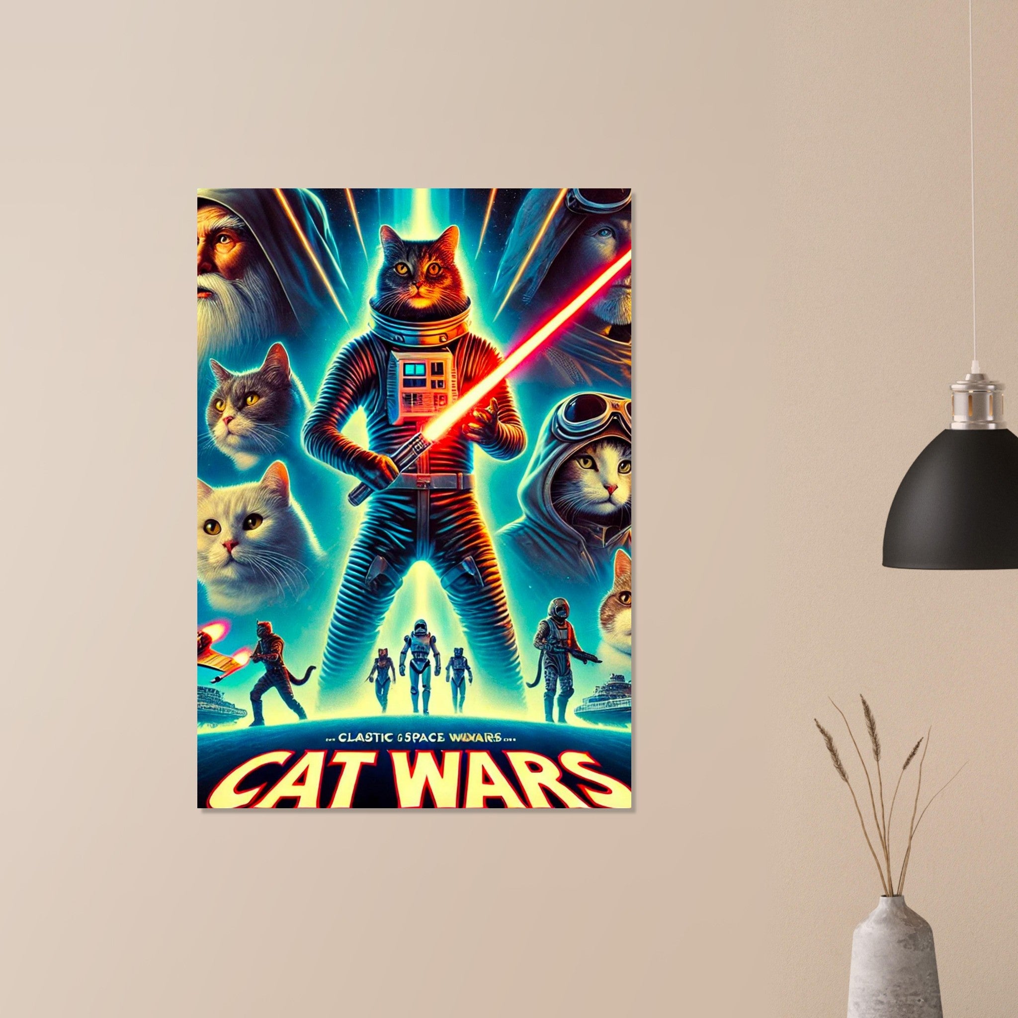 Affiche rétro néon parodie de Star Wars : chat en combinaison spatiale brandissant un sabre laser rouge, visages de chats et vaisseaux spatiaux en arrière-plan, titre “Cat Wars”.