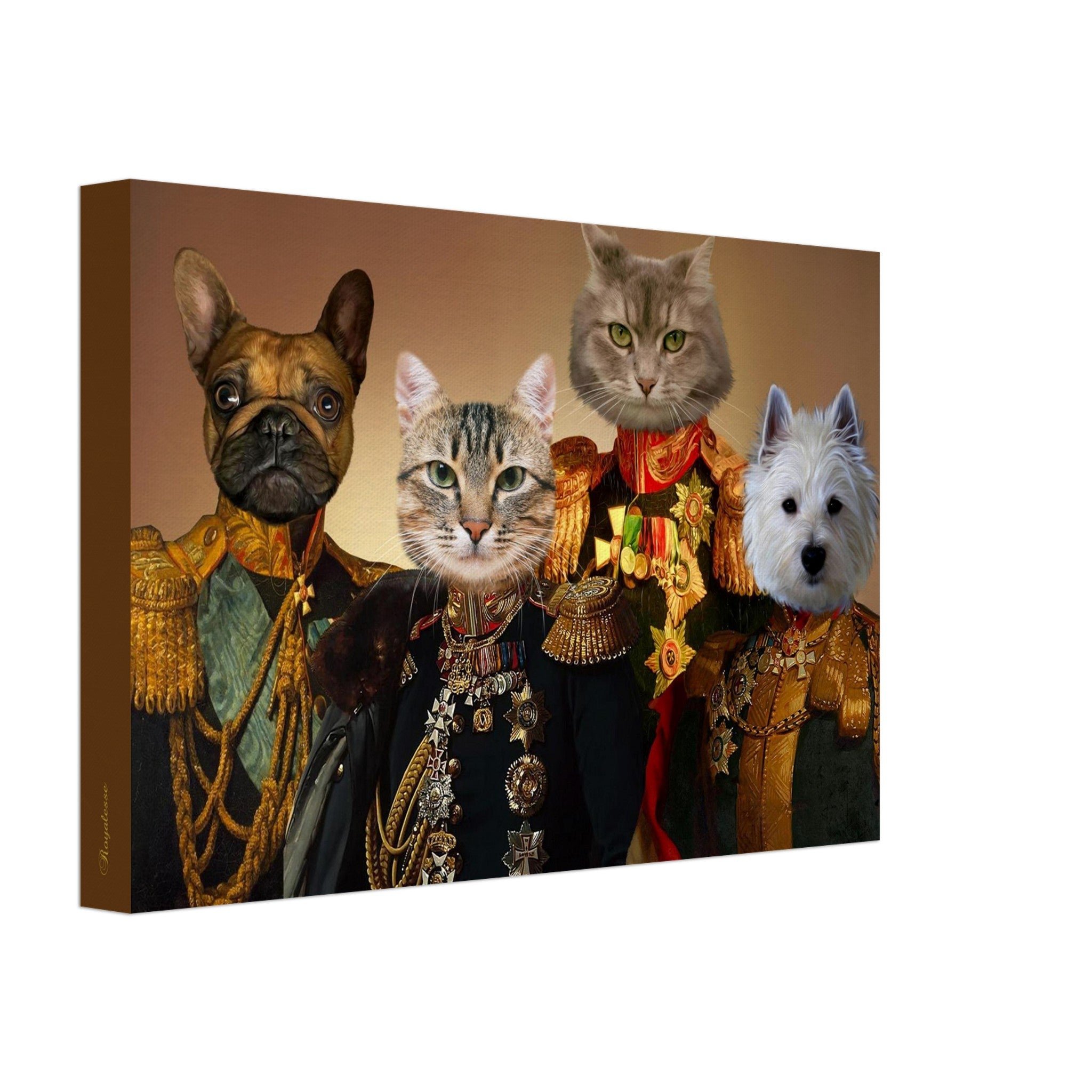 Tableau décoratif représentant un bouledogue français, un chat tigré, un chat gris et un westie en uniformes militaires impériaux ornés de médailles.