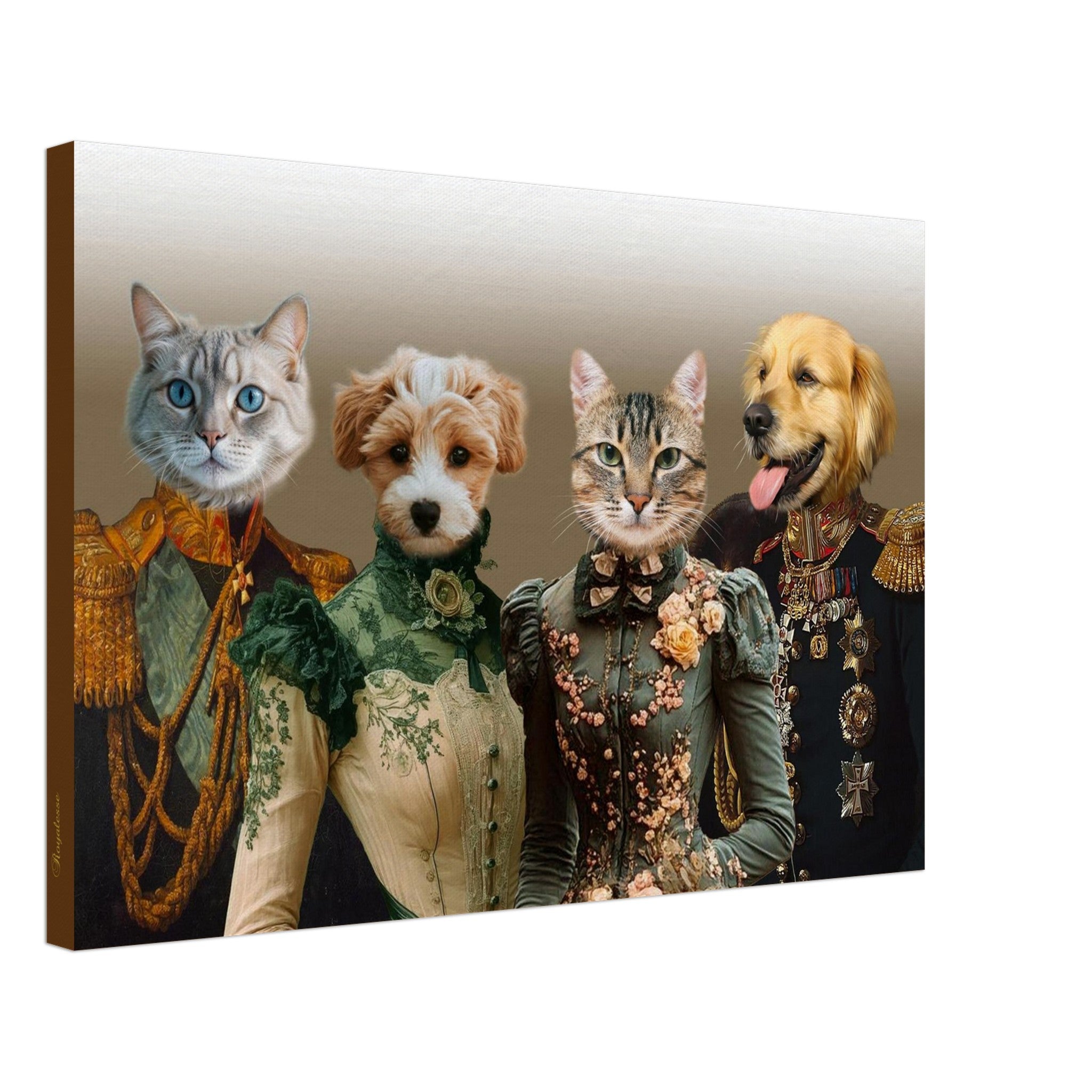 Portraits de quatre animaux anthropomorphes : un chat gris en uniforme militaire doré, un chiot en robe victorienne verte, une chatte en robe florale délicate et un chien doré en uniforme orné de médailles.