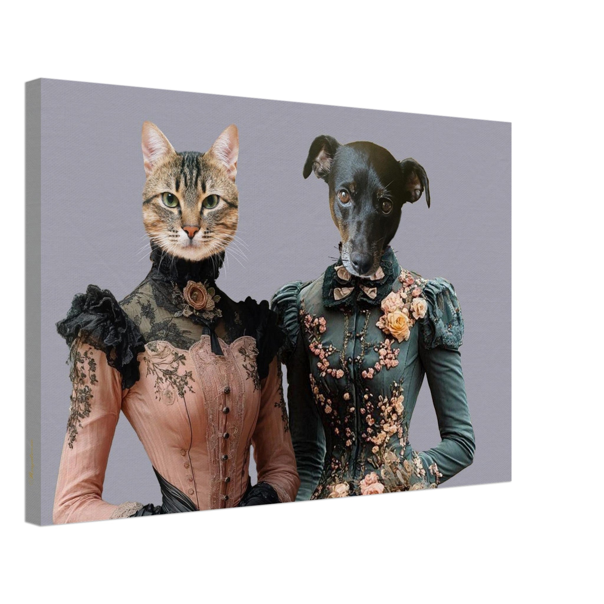 Illustration stylisée d’un chat et d’un chien anthropomorphes portant des robes victoriennes ornées de broderies florales sur fond gris.