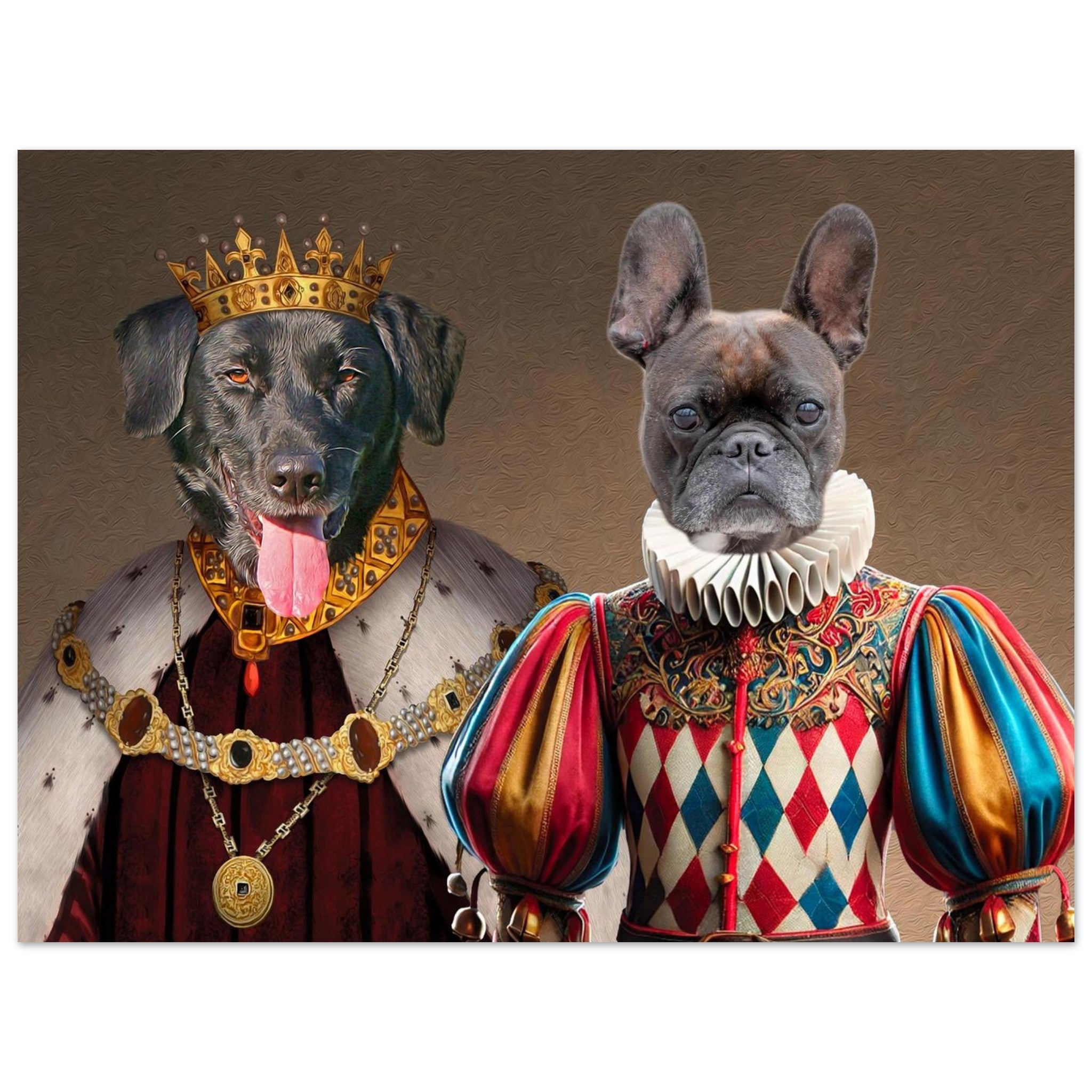 Portrait numérique de deux chiens en habits royaux : un labrador noir couronné portant un manteau à col de fourrure et bijoux dorés, aux côtés d’un bouledogue français vêtu d’un costume harlequin coloré et d’un col en dentelle.