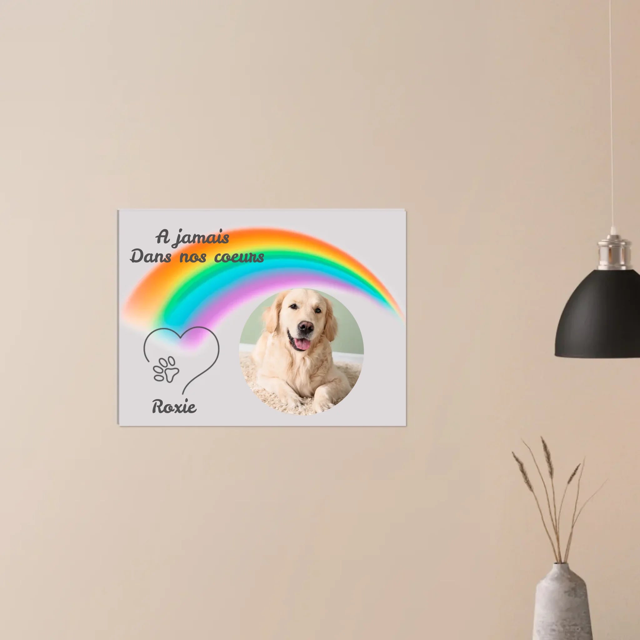 Toile souvenir personnalisée avec arc-en-ciel et photo de chien, hommage apaisant "À jamais dans nos cœurs" pour Roxie.