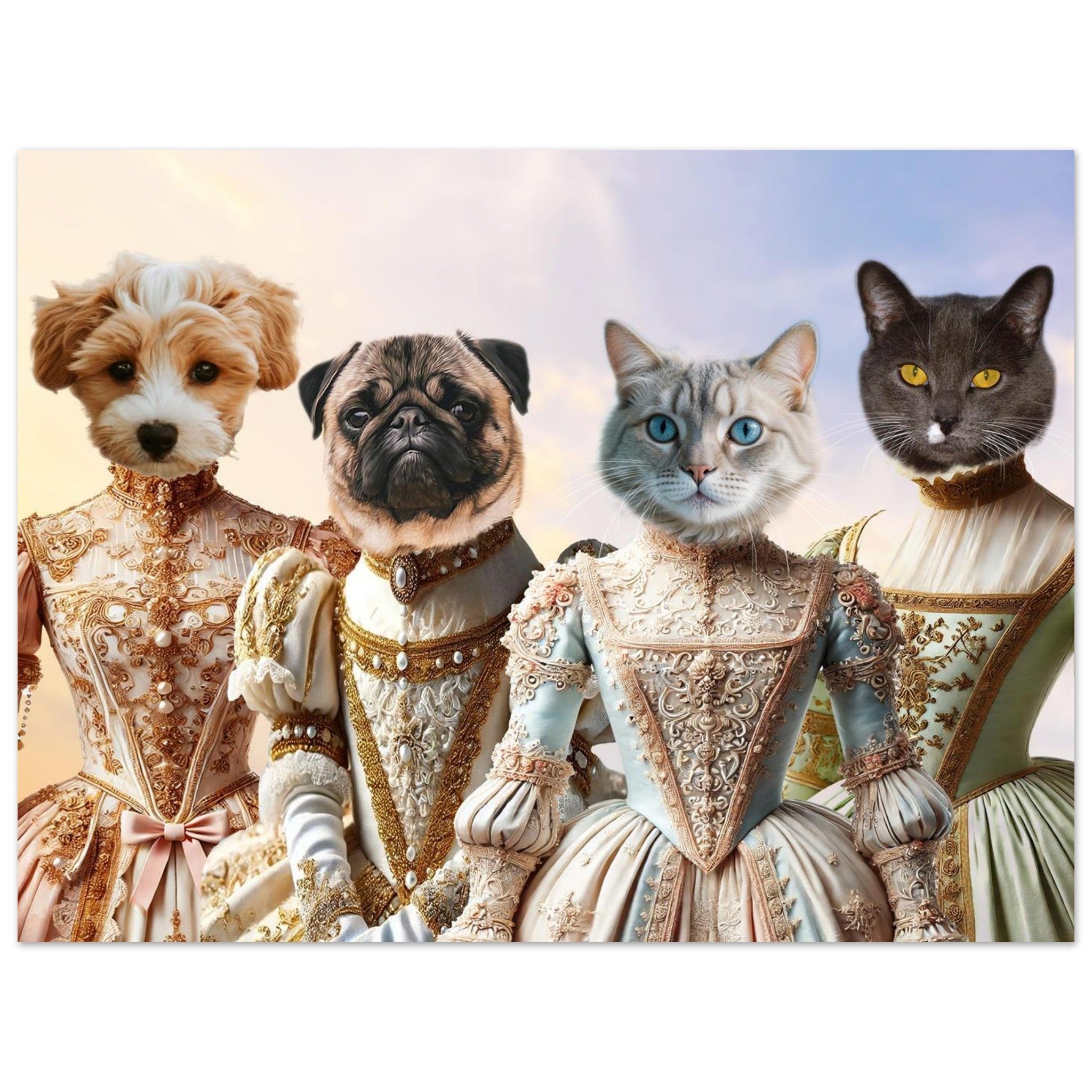 Deux chiens (un chiot bicolore et un carlin) et deux chats (aux yeux bleus et jaunes) en robes victoriennes richement brodées posant devant un ciel aux tons pastel.