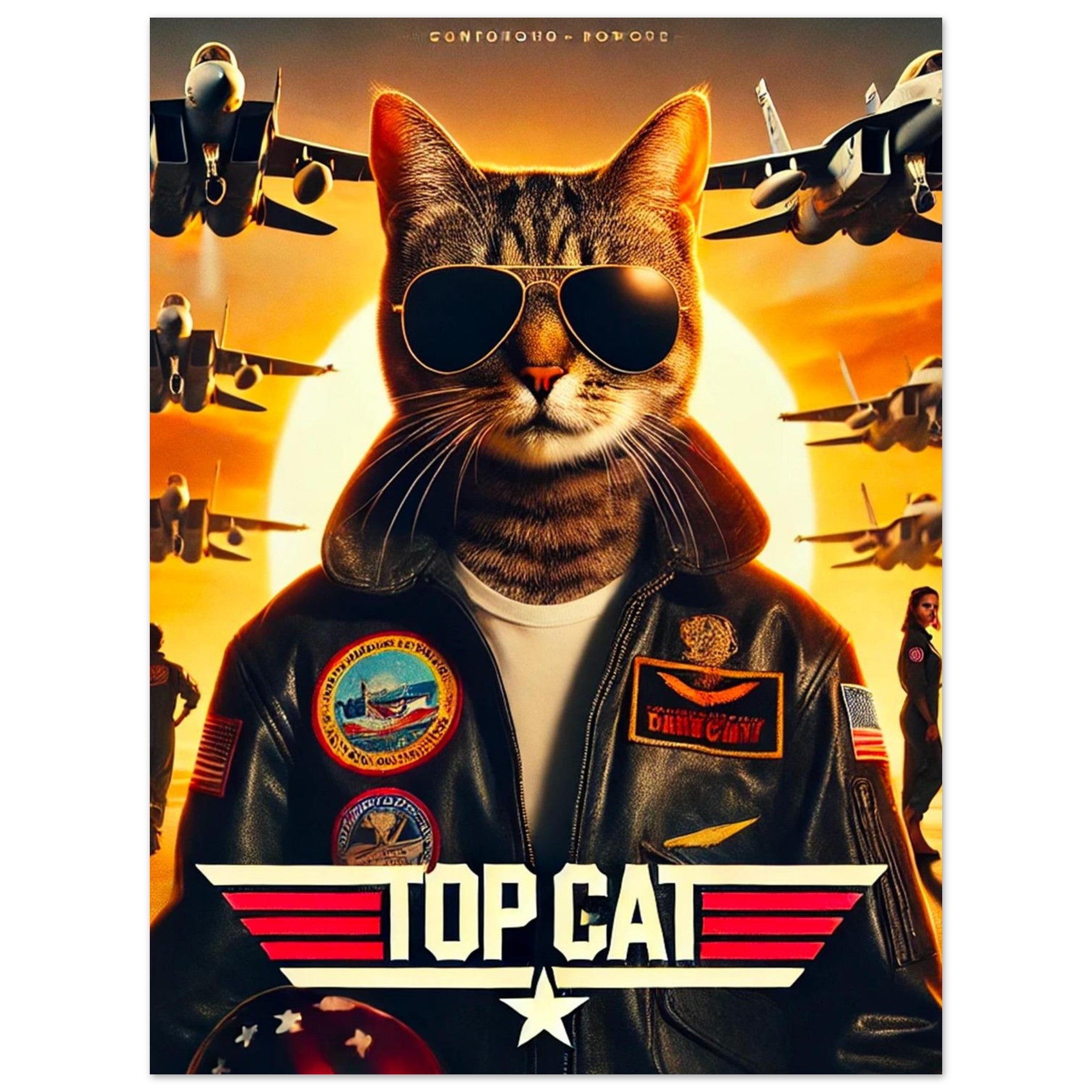 Poster Top Cat : chat tigre moustachu en blouson de pilote de chasse et lunettes aviateur, plusieurs jets militaires en formation dans un ciel orangé au coucher du soleil