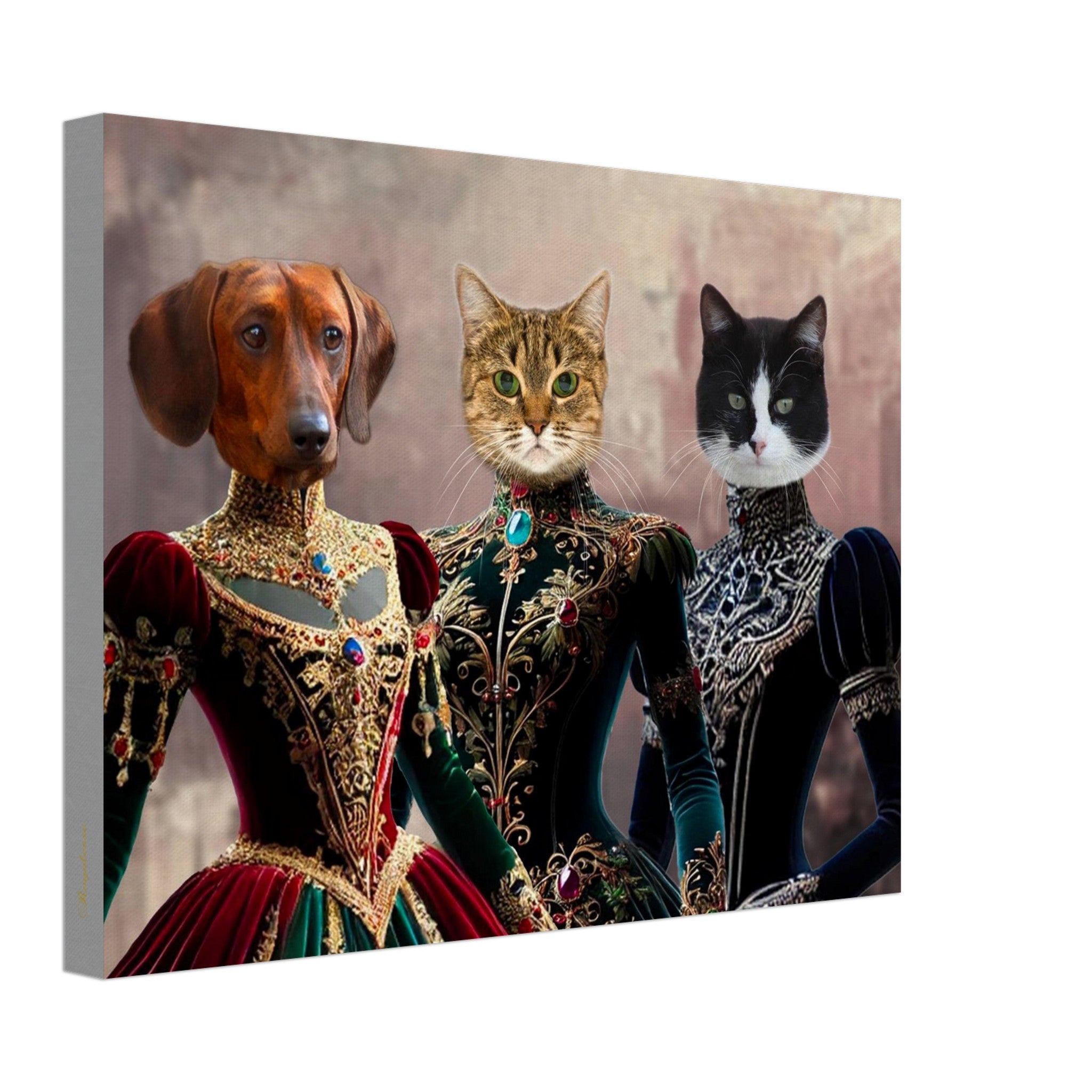 Trois portraits d’animaux en tenue de cour Renaissance : à gauche un chien teckel en robe rouge et or richement brodée, au centre un chat tigré aux yeux verts dans une robe vert émeraude ornée de filigranes dorées et pierres précieuses, à droite un chat noir et blanc vêtu d’une robe bleu nuit à broderies argentées.