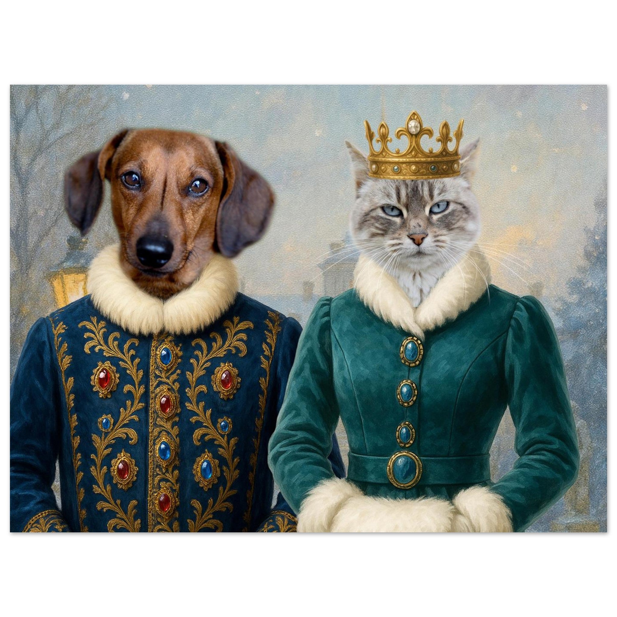 Chien teckel en costume royal bleu brodé d’or et de pierres précieuses aux côtés d’un chat couronné portant un manteau vert à col et poignets de fourrure.