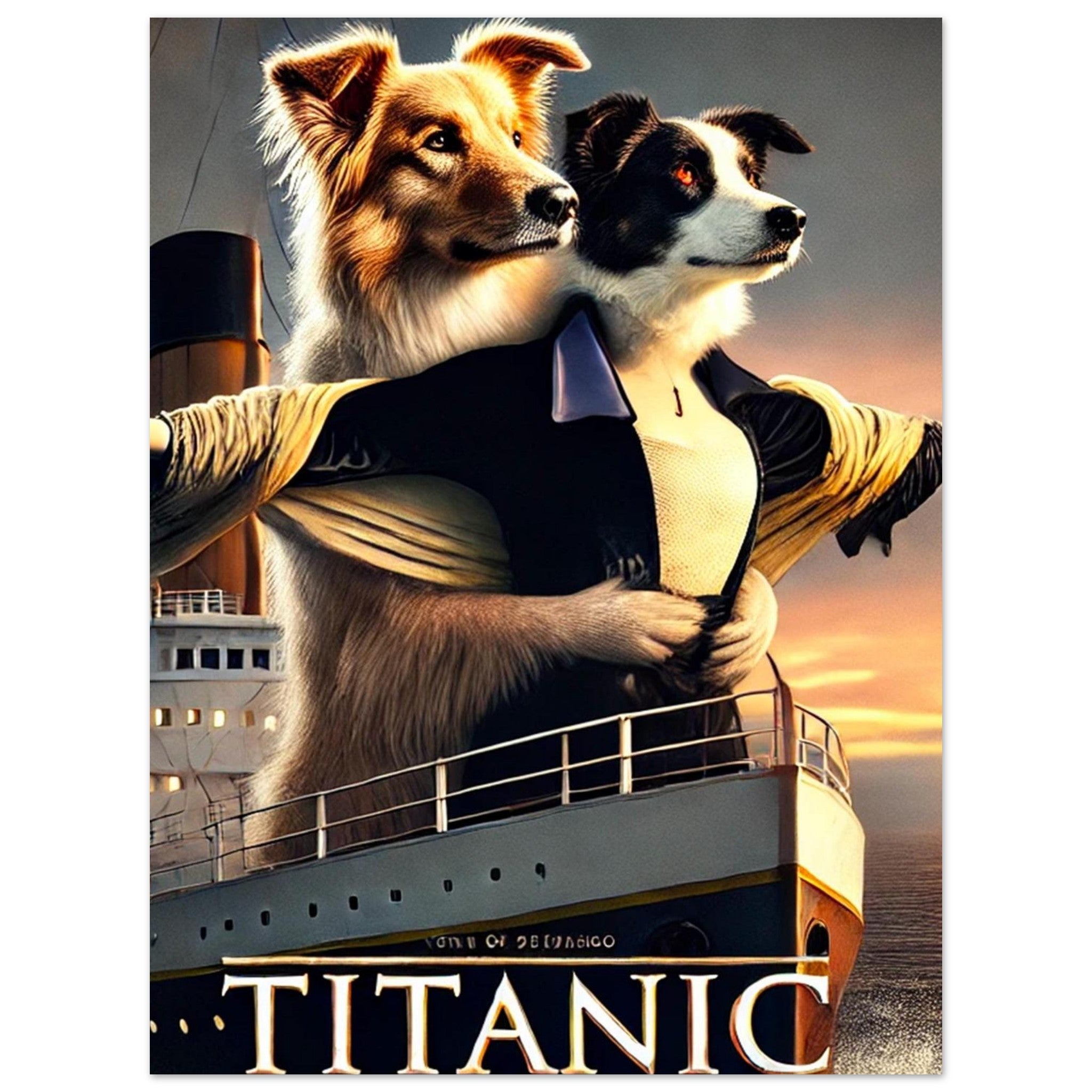 Deux chiens déguisés en Jack et Rose posant à la proue du Titanic au coucher de soleil dans une illustration parodique