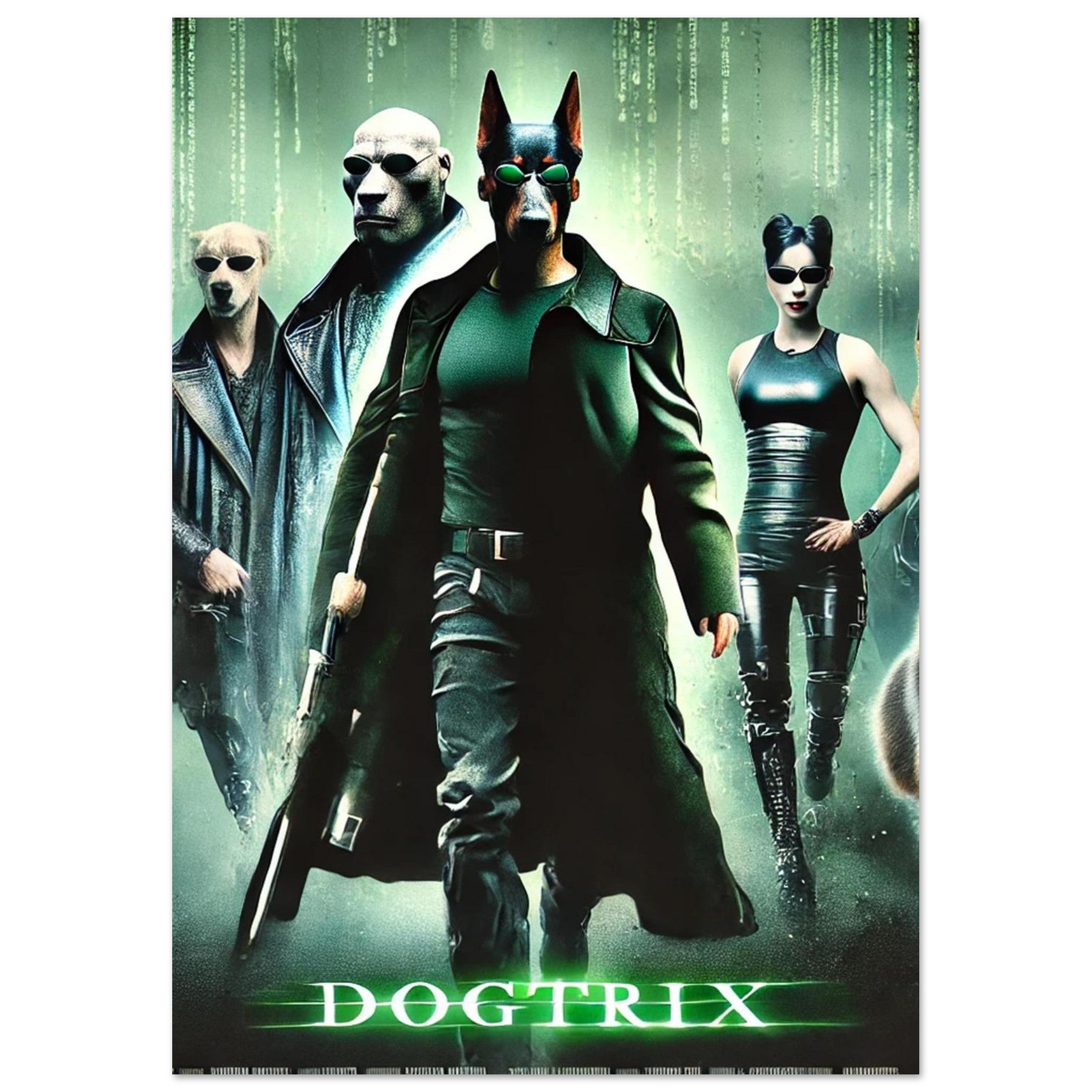 Affiche du film Dogtrix : trois chiens anthropomorphes en manteaux noirs et lunettes de soleil, le chien central en long manteau vert tenant une arme, sur fond de code numérique vert façon Matrix.